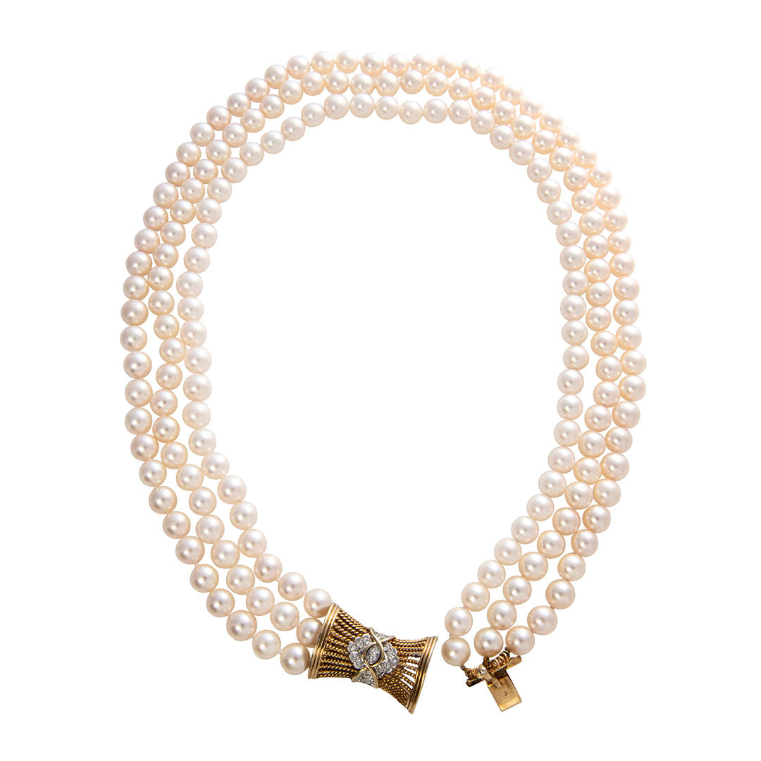 Estate 3 Strand Cultured Pearl & Diamond 14K Gold Clasp Necklace