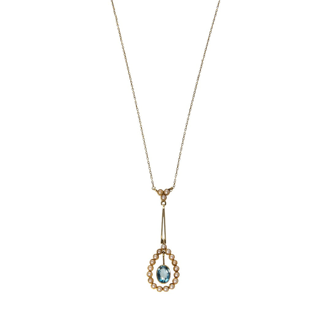 Edwardian Aquamarine & Pearl 15K Gold Pendant Necklace