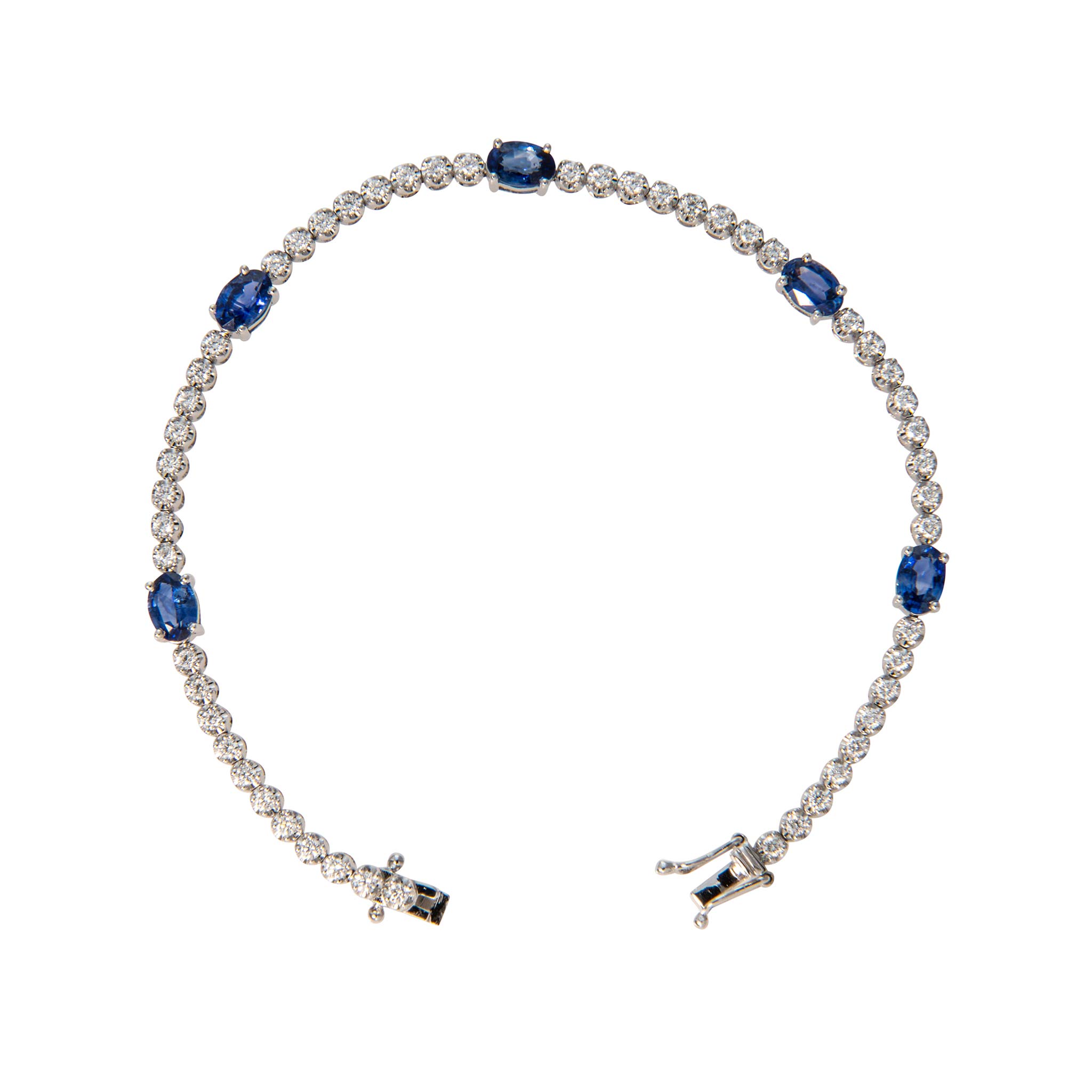 Oval Sapphire Station & Round Diamond 14K White Gold Tennis Bracelet