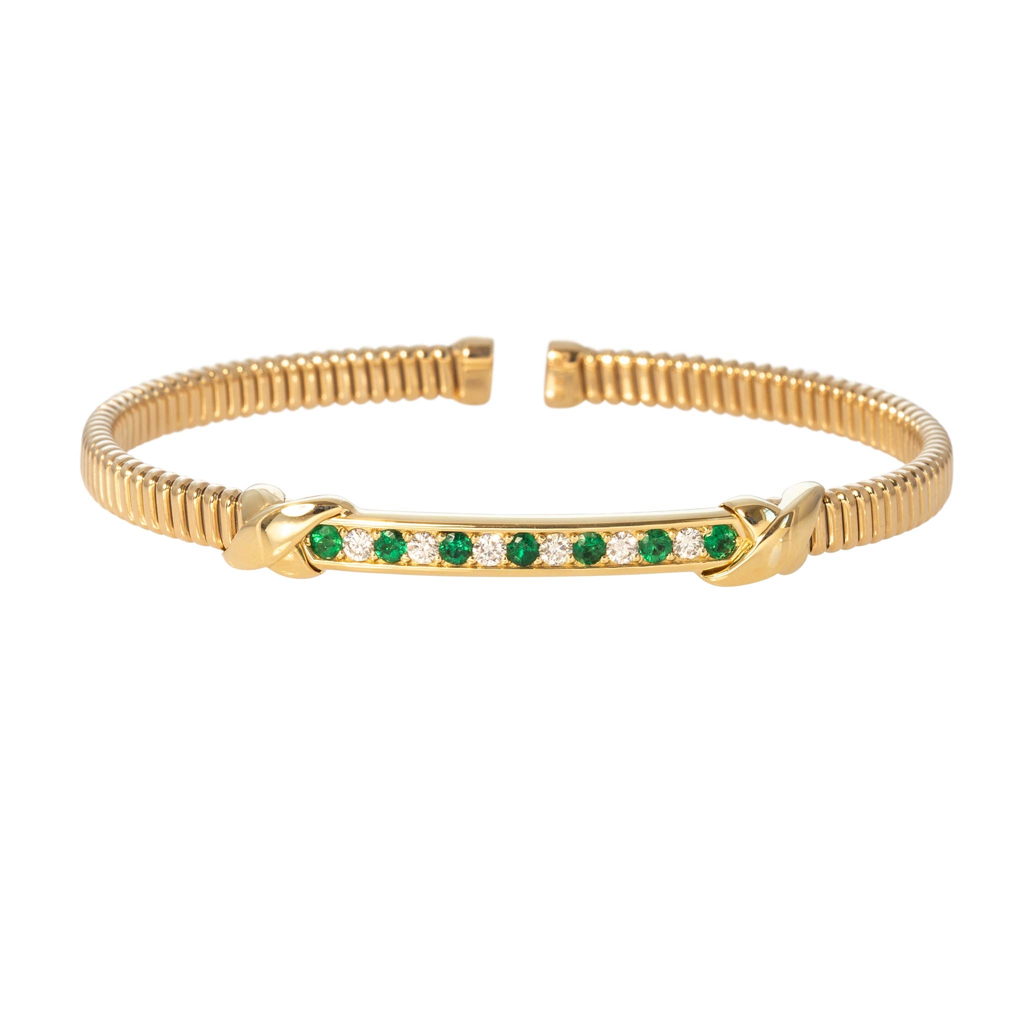 Emerald & Diamond 18K Yellow Gold Flexible Tubogas Cuff Bangle