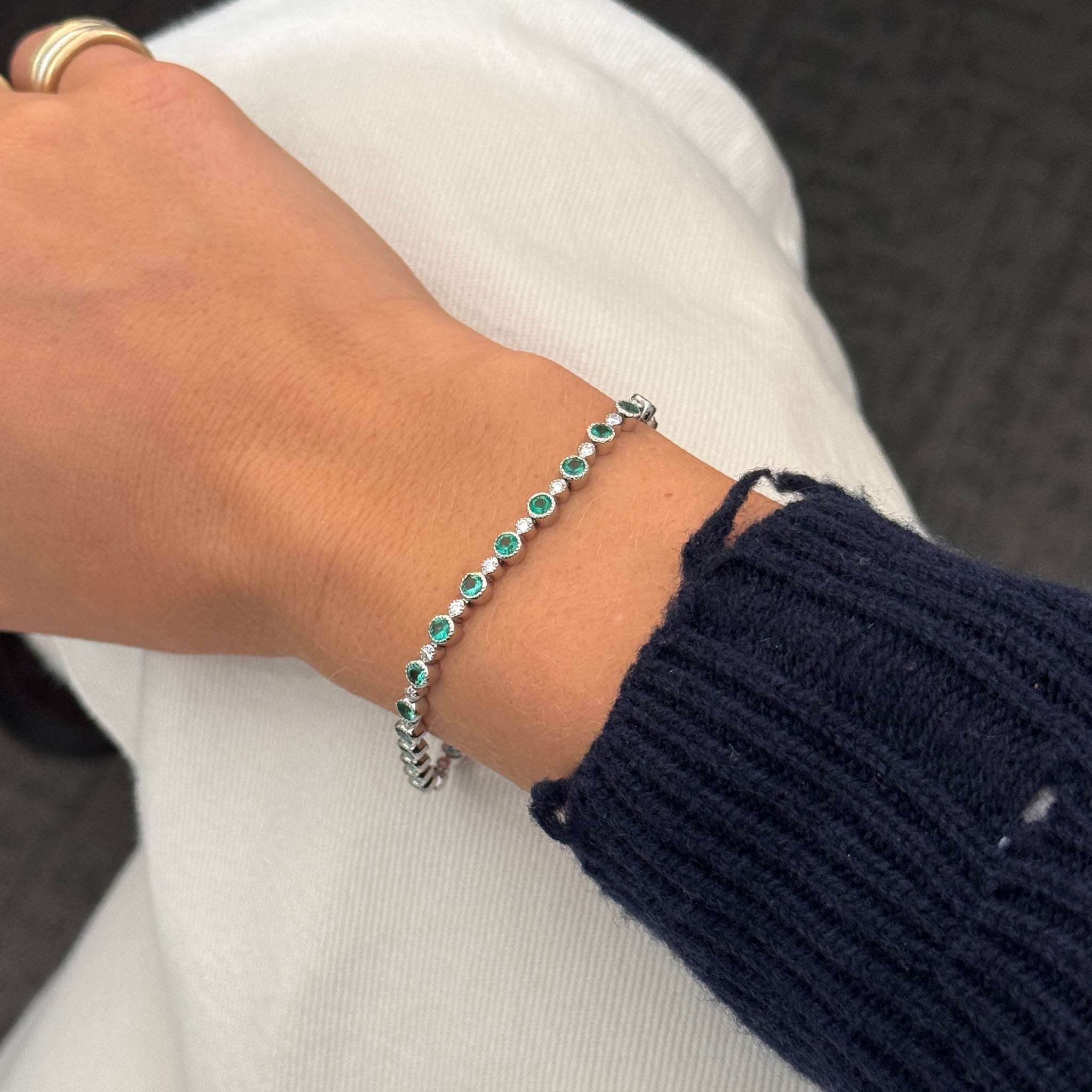 Emerald & Diamond Milgrain Bezel 14K White Gold Tennis Bracelet