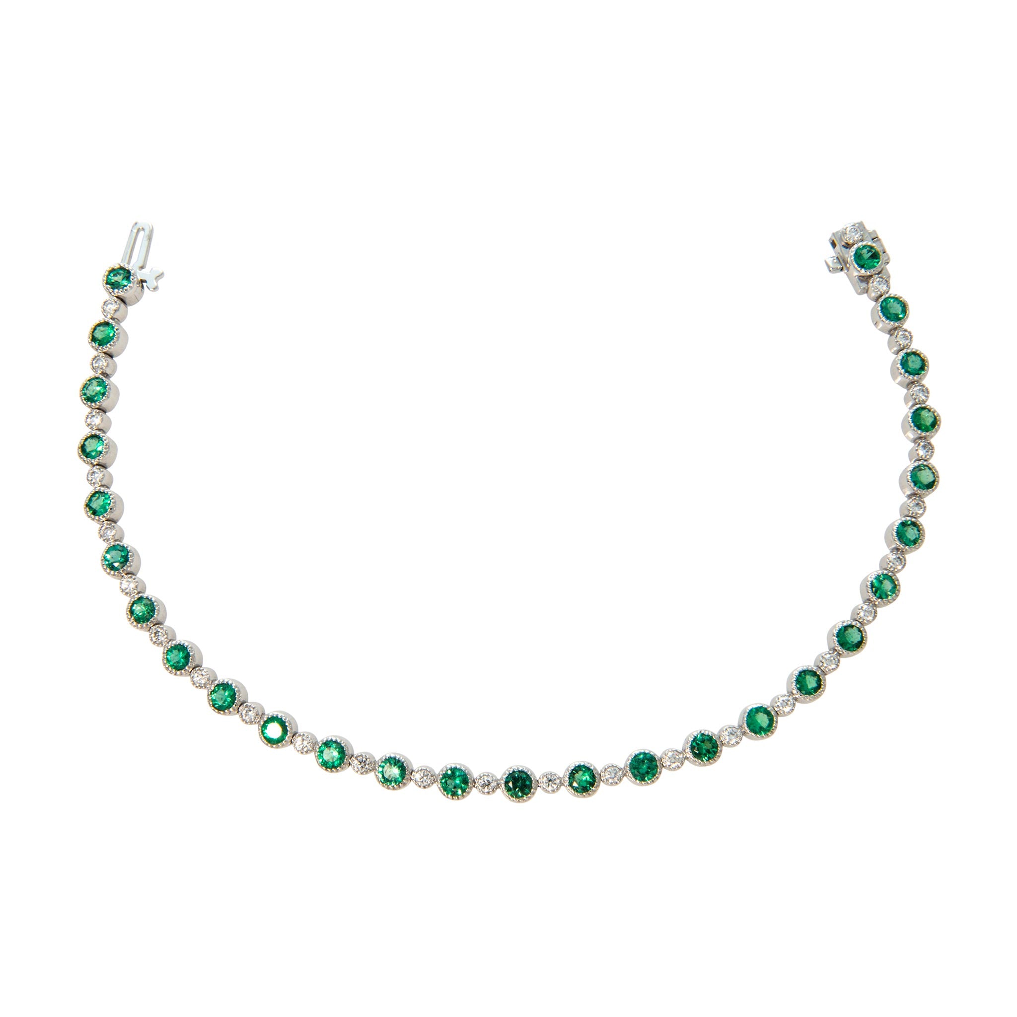 Emerald & Diamond Milgrain Bezel 14K White Gold Tennis Bracelet