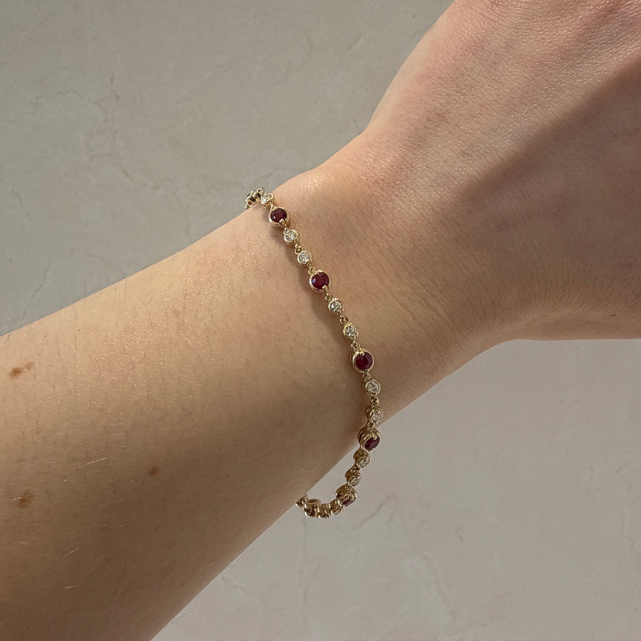 Ruby & Diamond Milgrain Bezel 14K Yellow Gold Tennis Bracelet