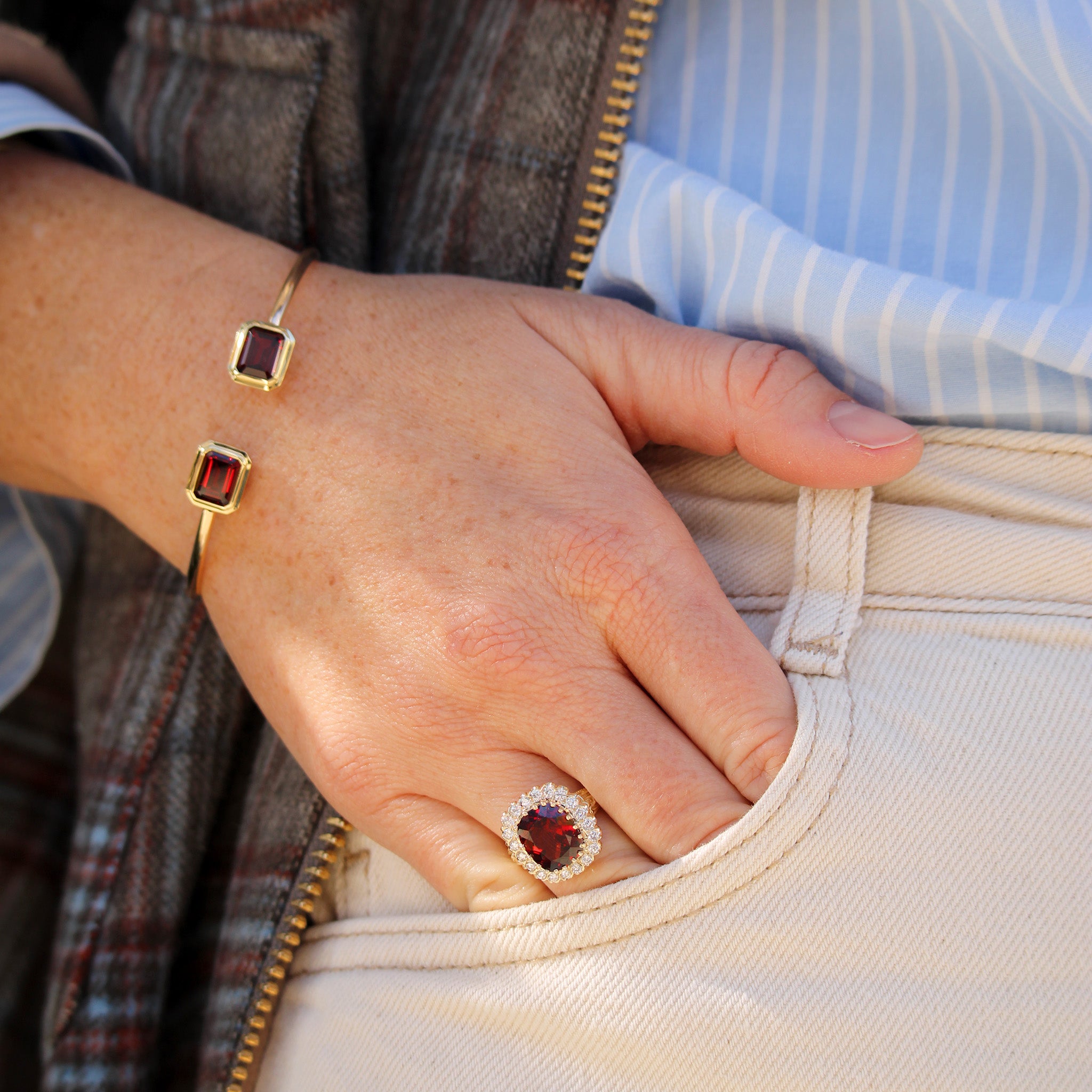 Goshwara Emerald-Cut Garnet Open Edge 18K Gold Bangle