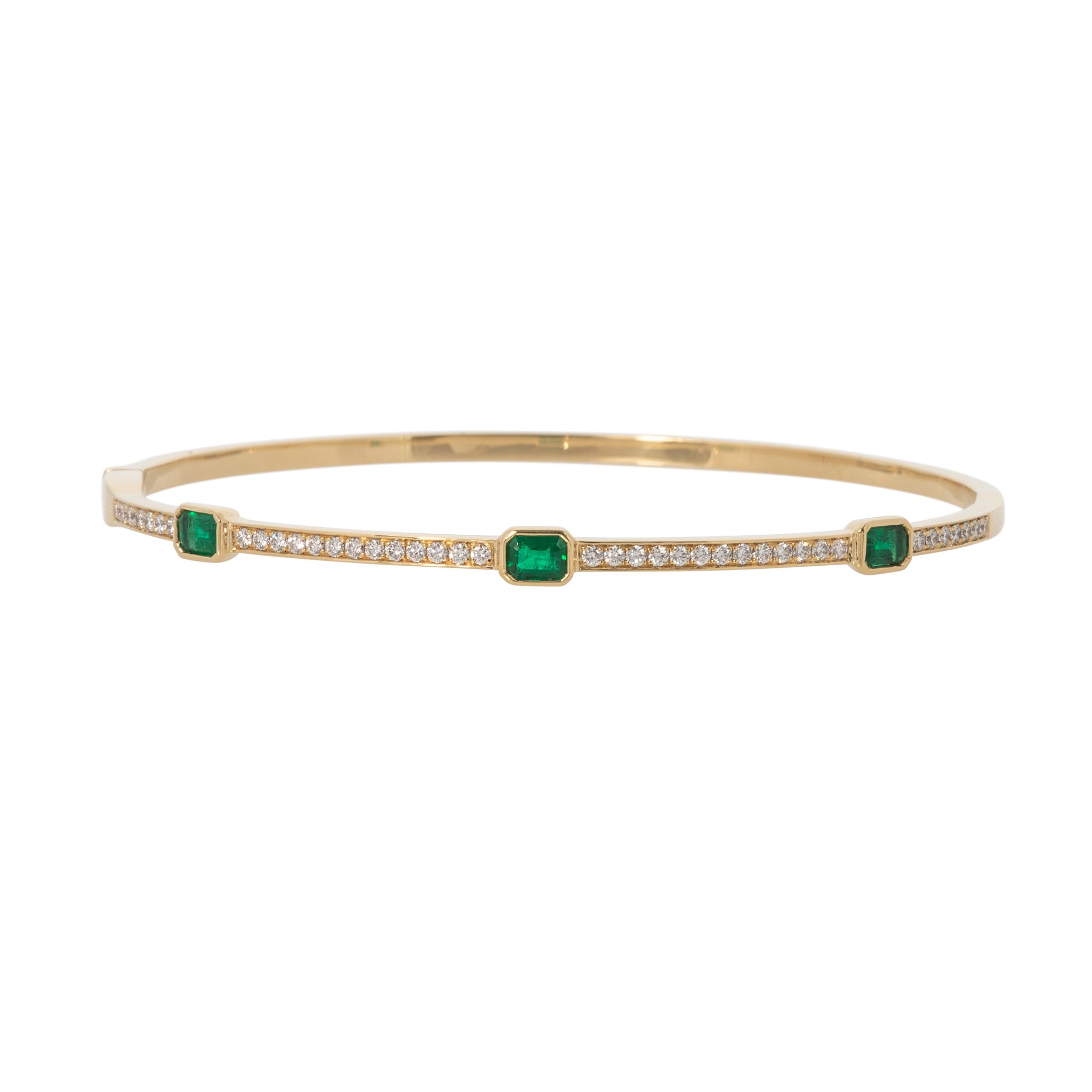Emerald Three-Stone & Diamond Pavé 18K Yellow Gold Bangle