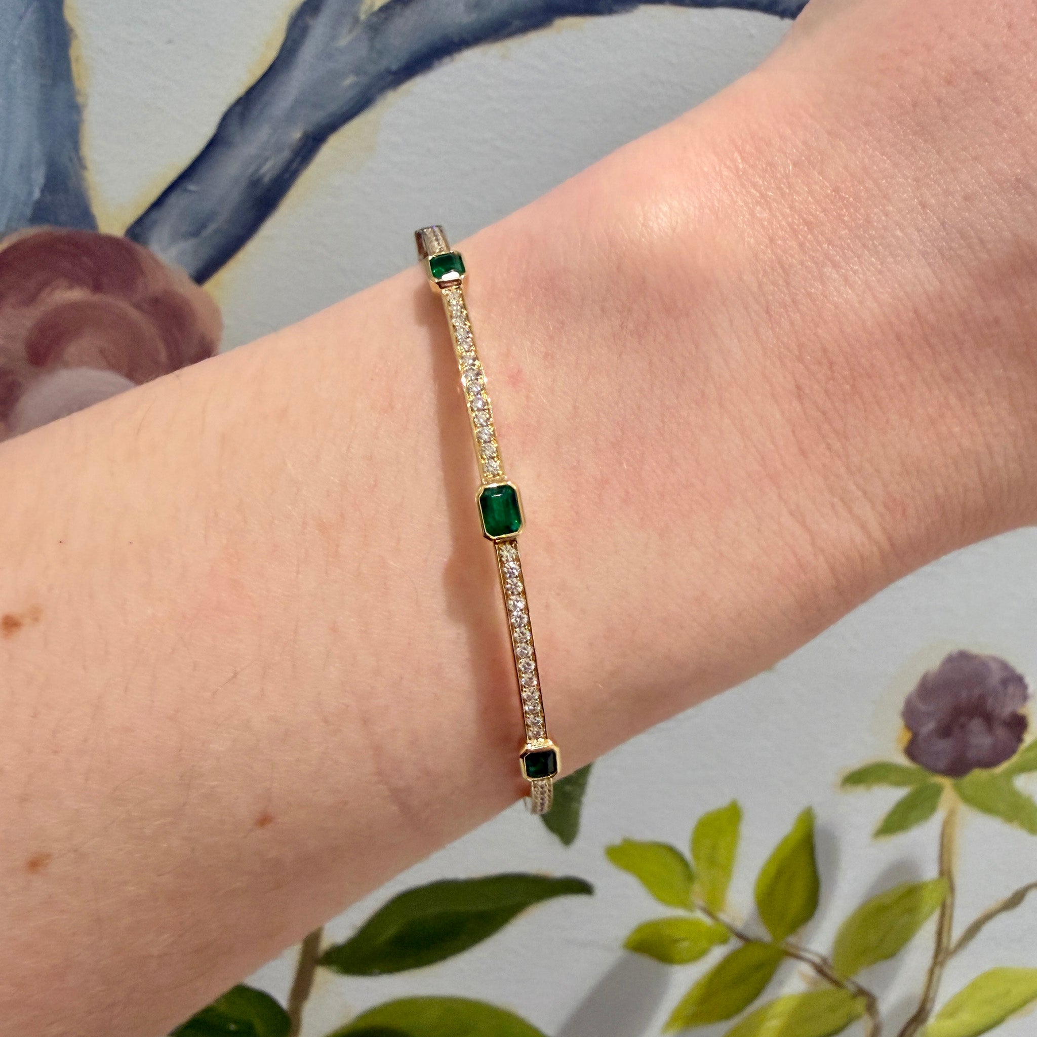Emerald Three-Stone & Diamond Pavé 18K Yellow Gold Bangle