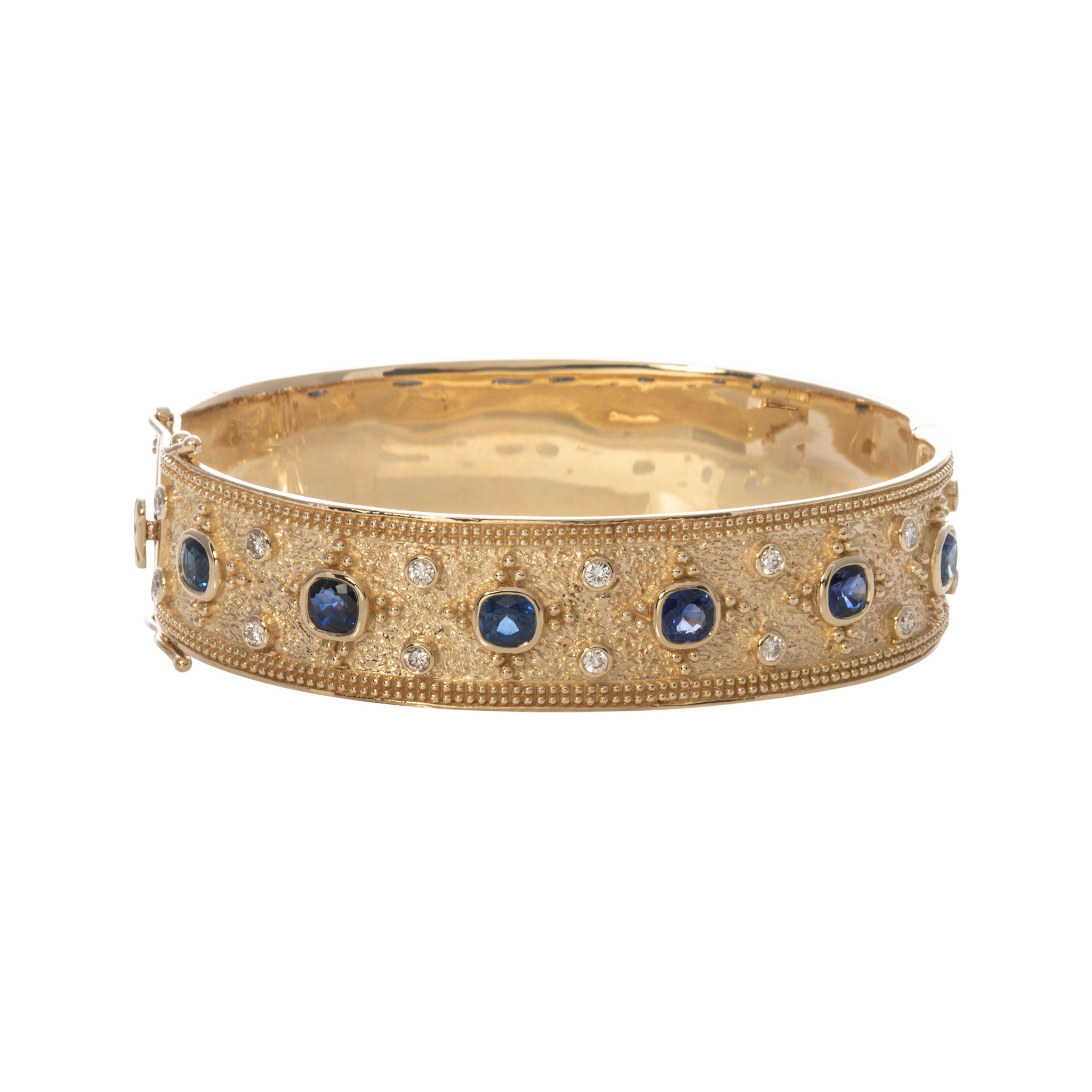 Etruscan Style Cushion Sapphire & Diamond 14K Gold Bangle