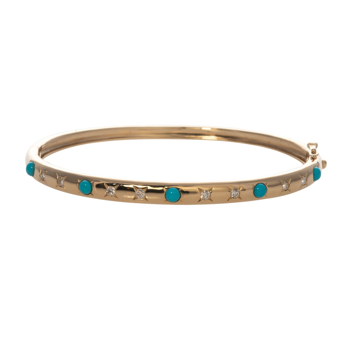 Star Set Turquoise Diamond 14K Yellow Gold Bangle
