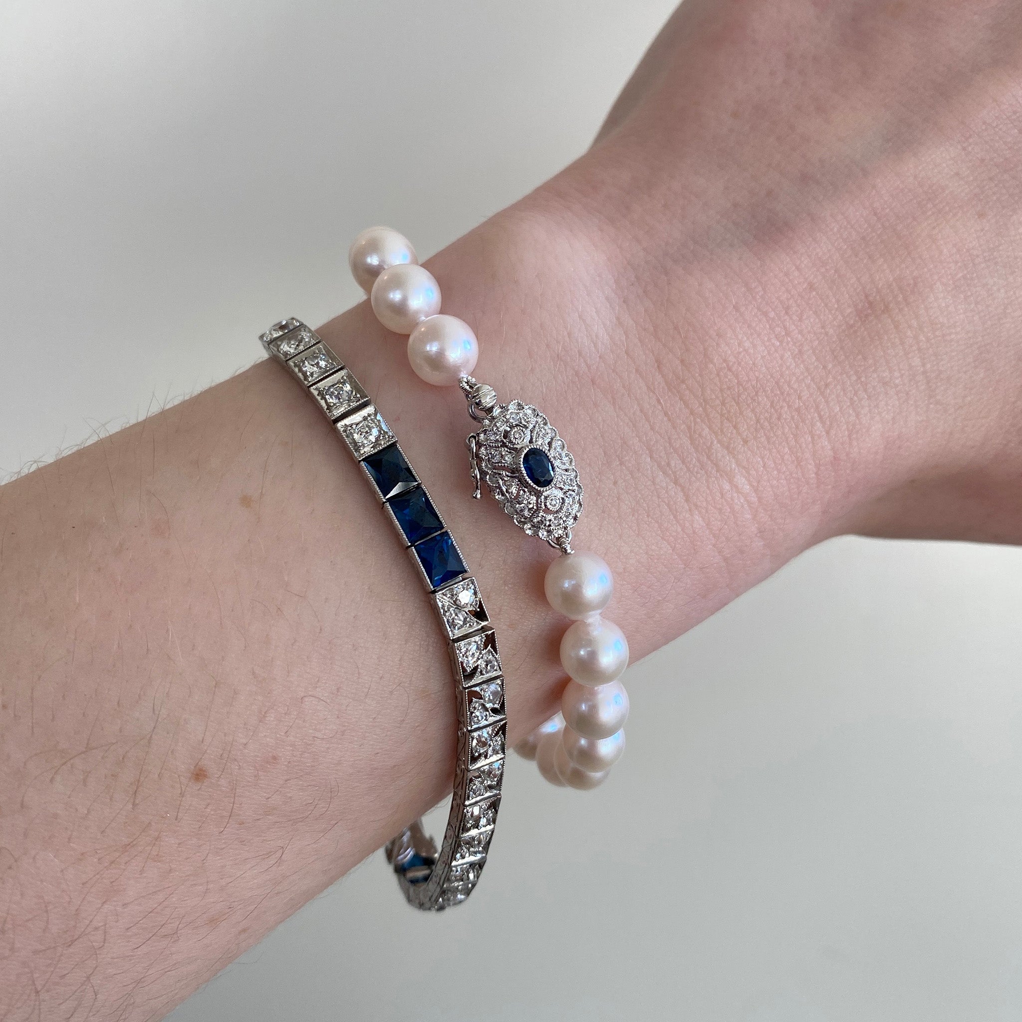 Estate Cultured Pearl 18K Gold Sapphire & Diamond Clasp Bracelet, Art Deco Style Diamond & Sapphire Platinum Tennis Bracelet