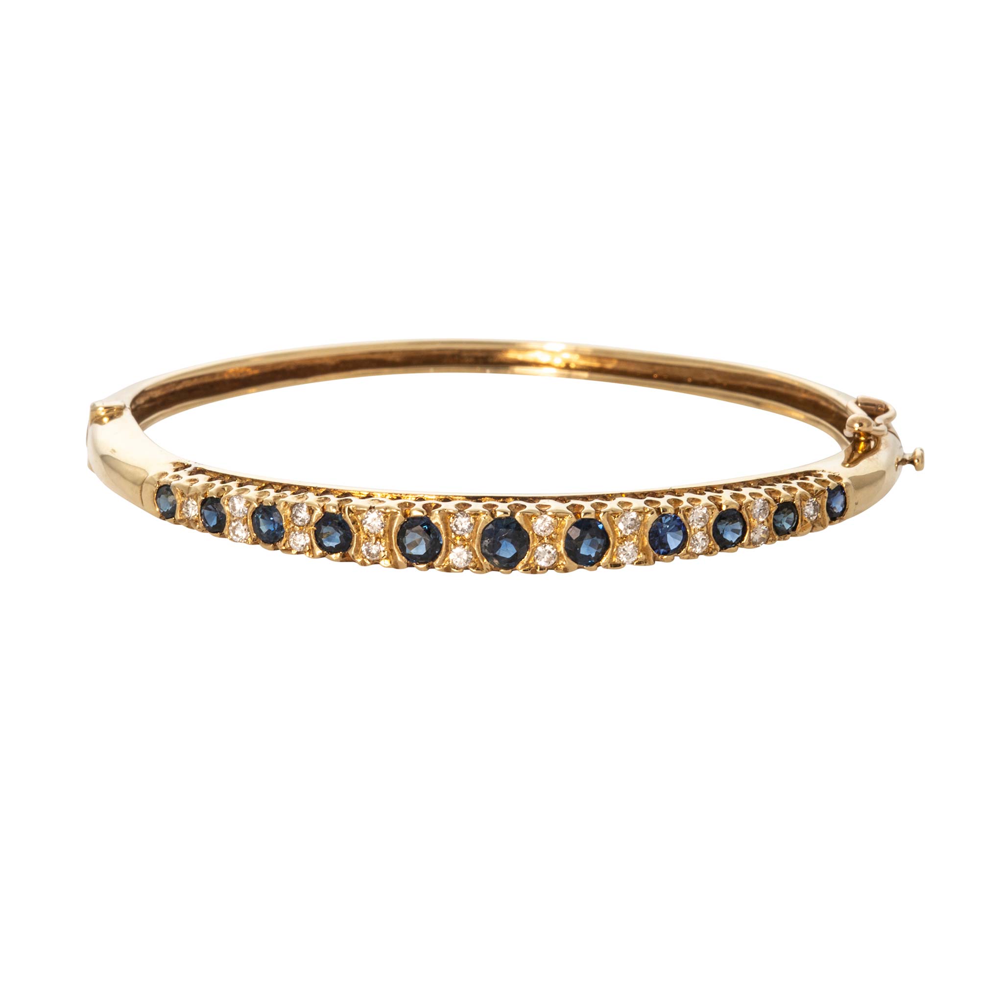 Vintage Graduated Sapphire Diamond 14K Yellow Gold Bangle
