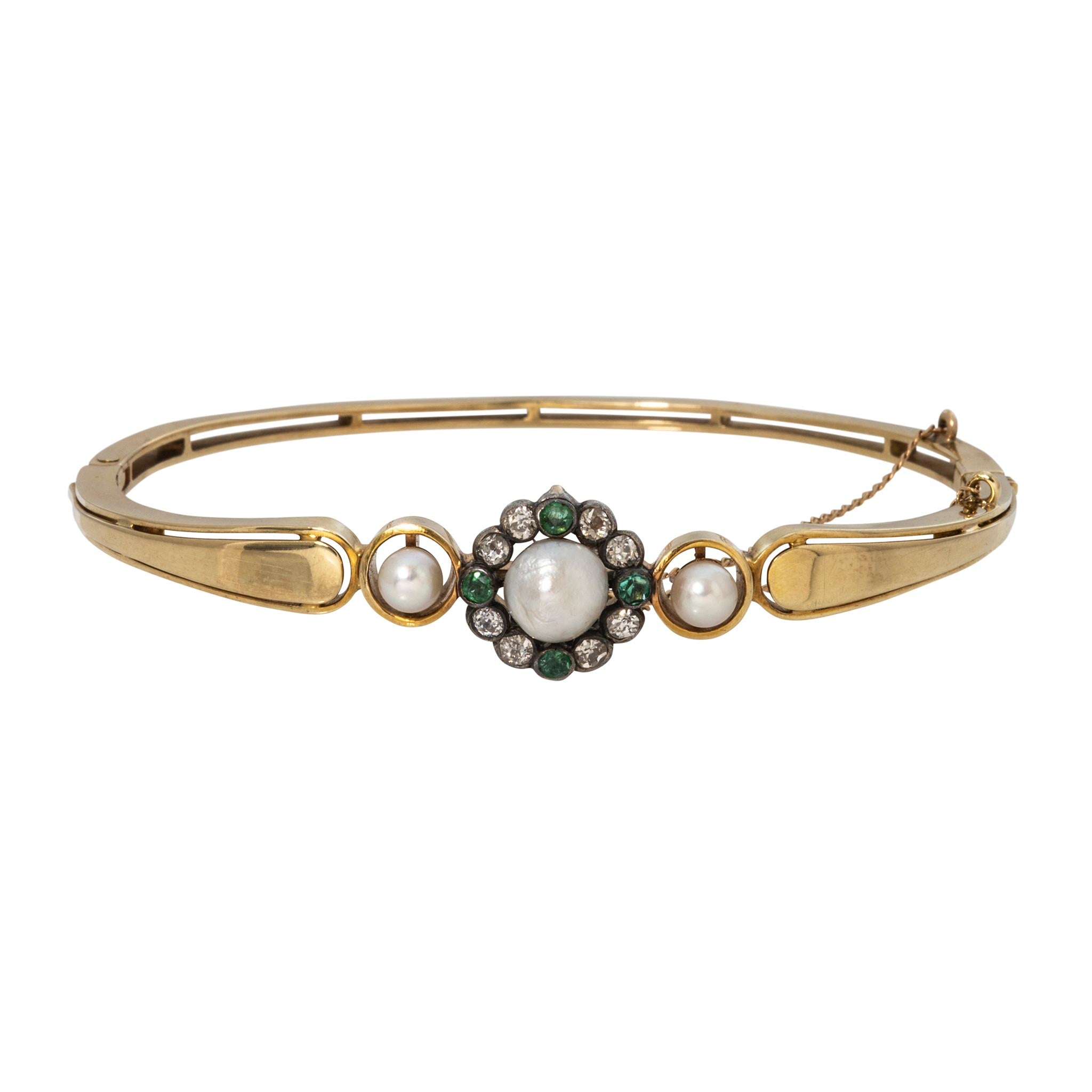 Victorian Pearl, Emerald & Diamond 14K Gold Bangle