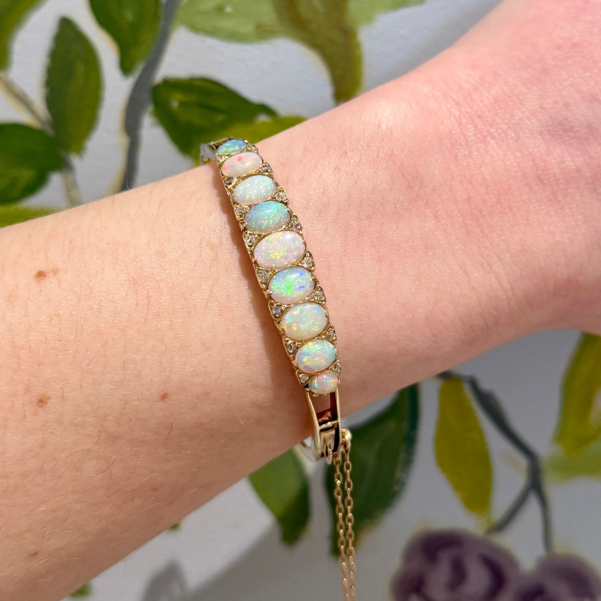 Victorian Graduated Opal & Diamond 9K Yellow Gold Bangle