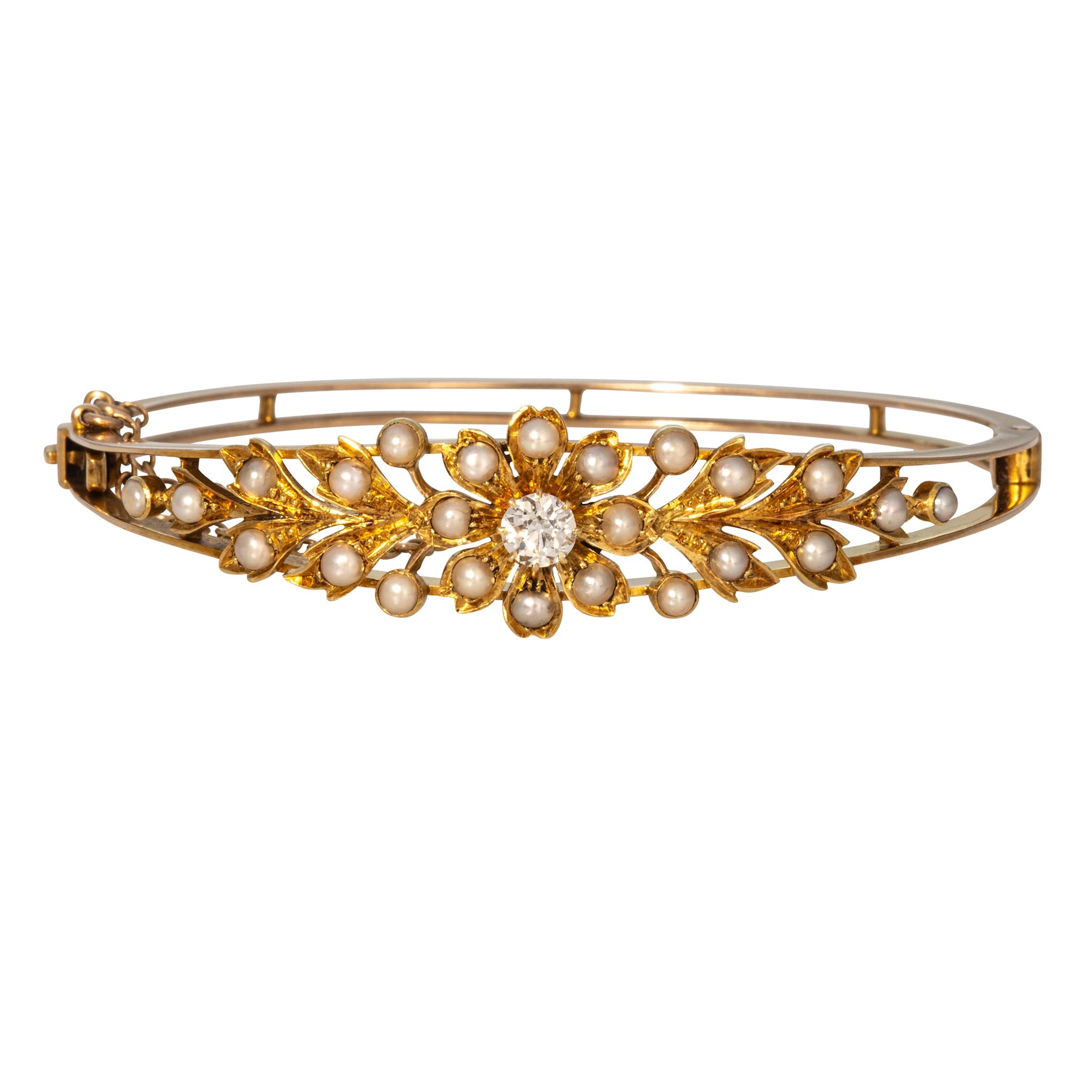 Victorian Diamond & Seed Pearl 15K Yellow Gold Floral Bangle