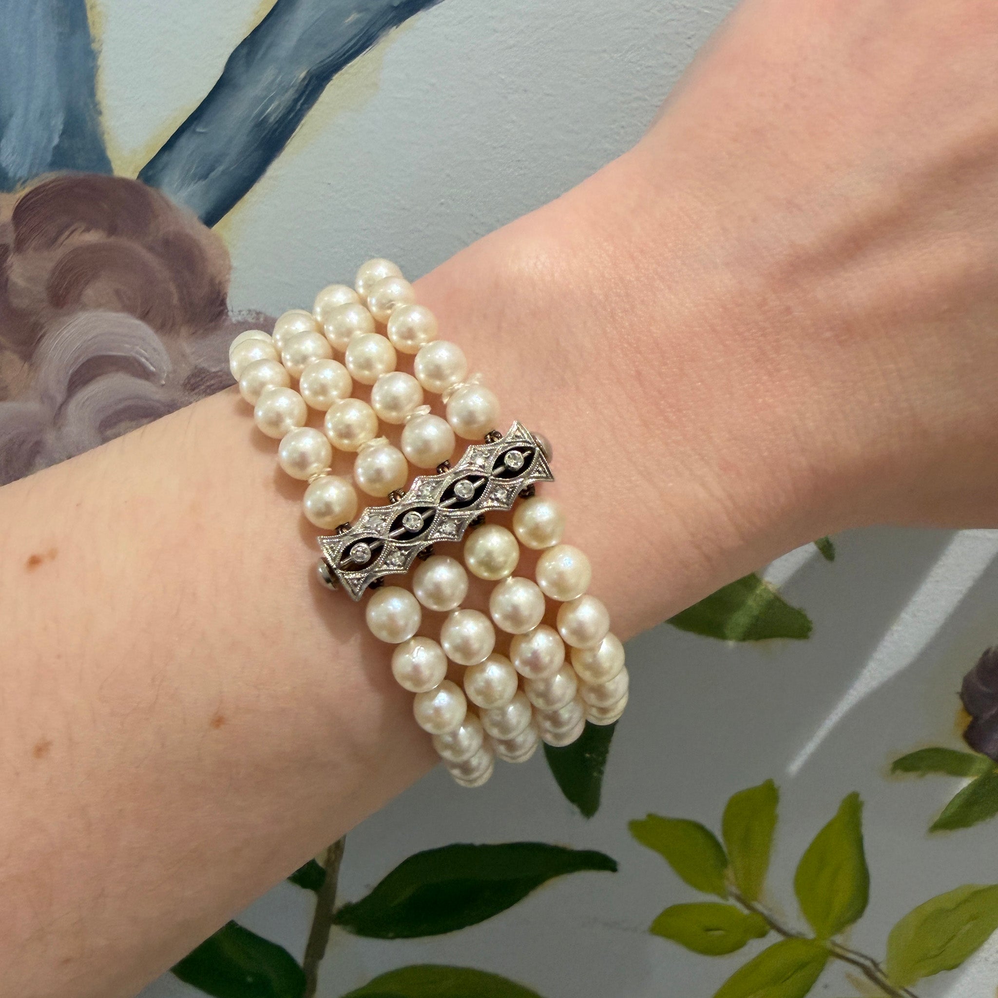 Vintage Diamond Platinum 18K Gold 4-Strand Pearl Bracelet