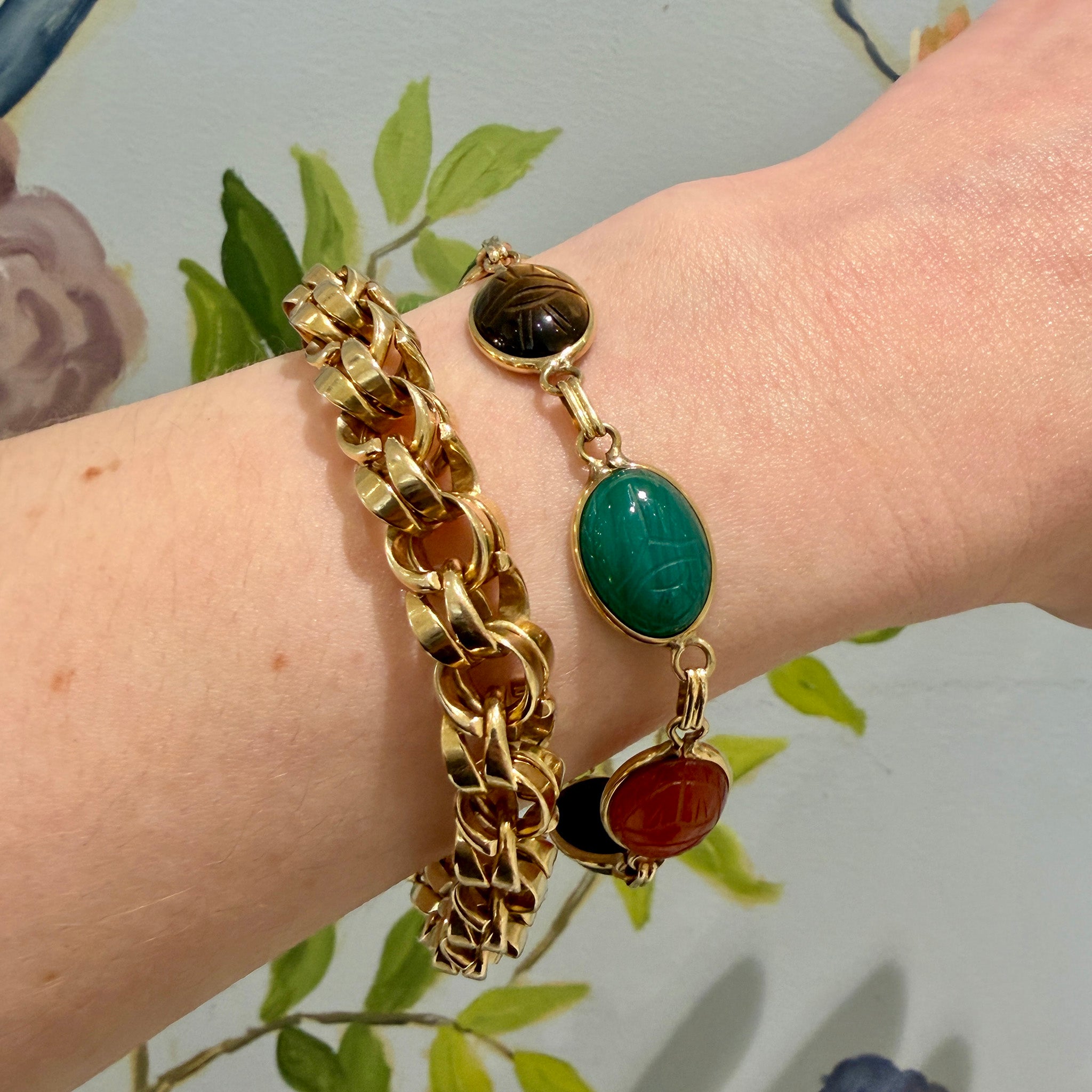 Vintage Carved Scarab 14K Gold Link Bracelet, Vintage Tiffany & Co 14K Gold Double Link Bracelet