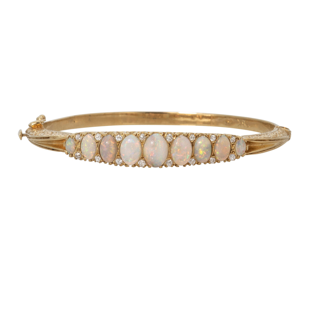 Vintage 2.2ctw Graduated Opal & Diamond 18K Gold Engraved Bangle