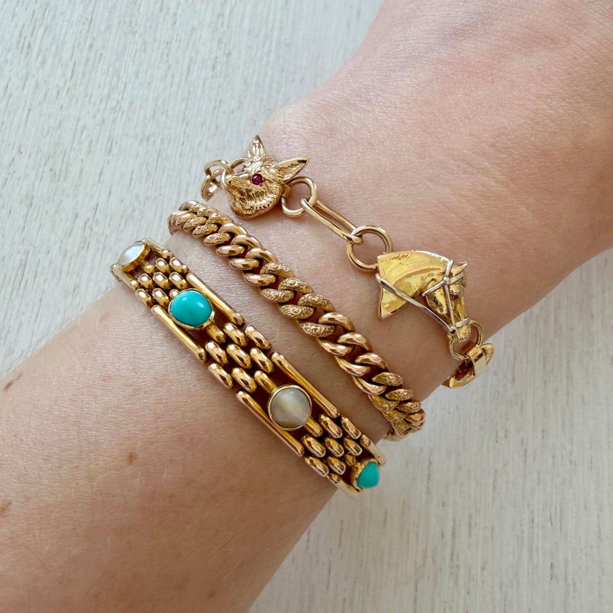 Victorian Turquoise & Pearl 15K Gold Gate Link Bracelet, Victorian 15K Gold Engraved Heart Padlock & Curb Link Bracelet, Victorian-Style 14K Gold Fox & Horse Link Bracelet