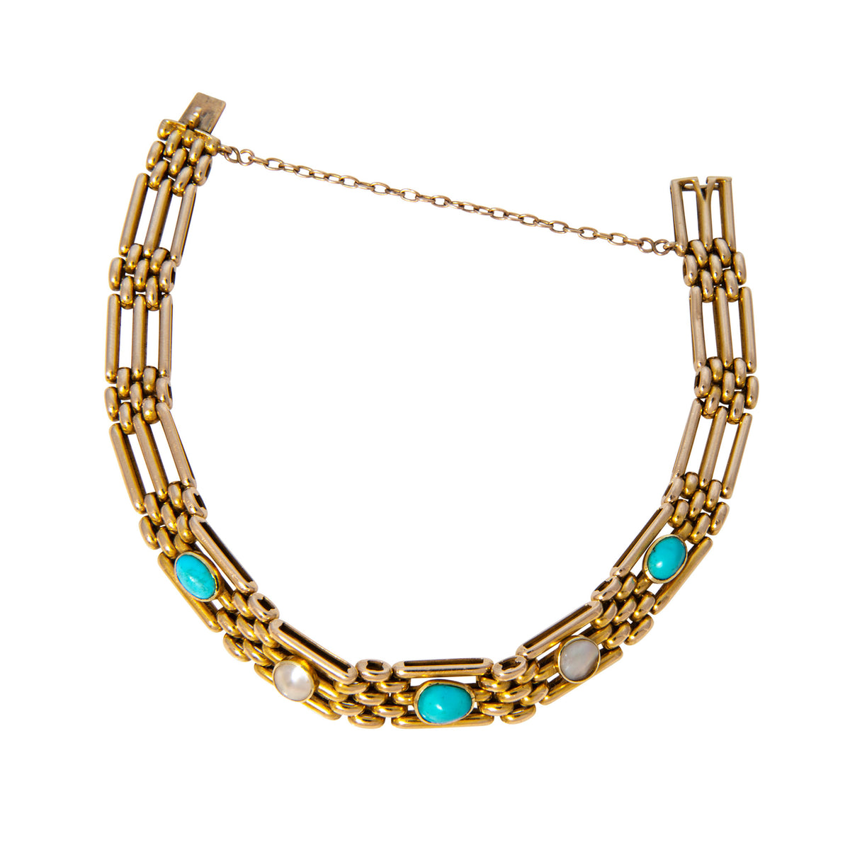 Victorian Turquoise & Pearl 15K Gold Gate Link Bracelet