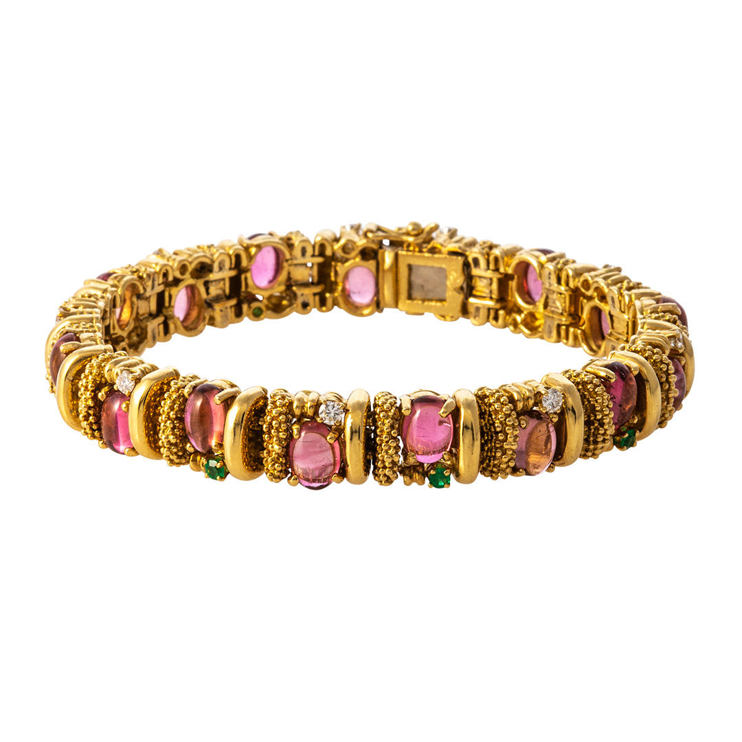 Estate Pink Tourmaline, Emerald & Diamond 18K Gold Bracelet