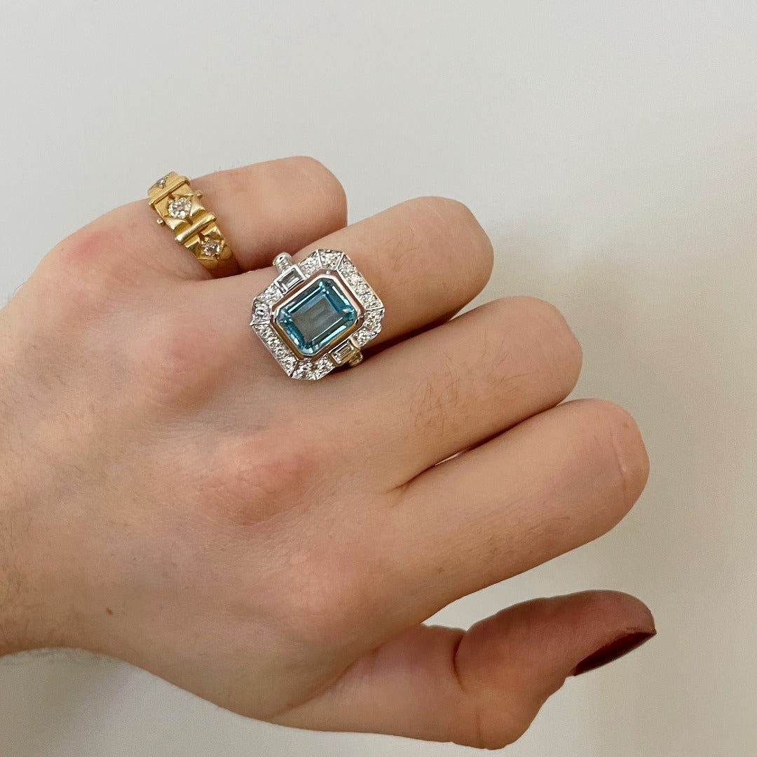Emerald Cut Blue Topaz & Diamond 18K White Gold Ring