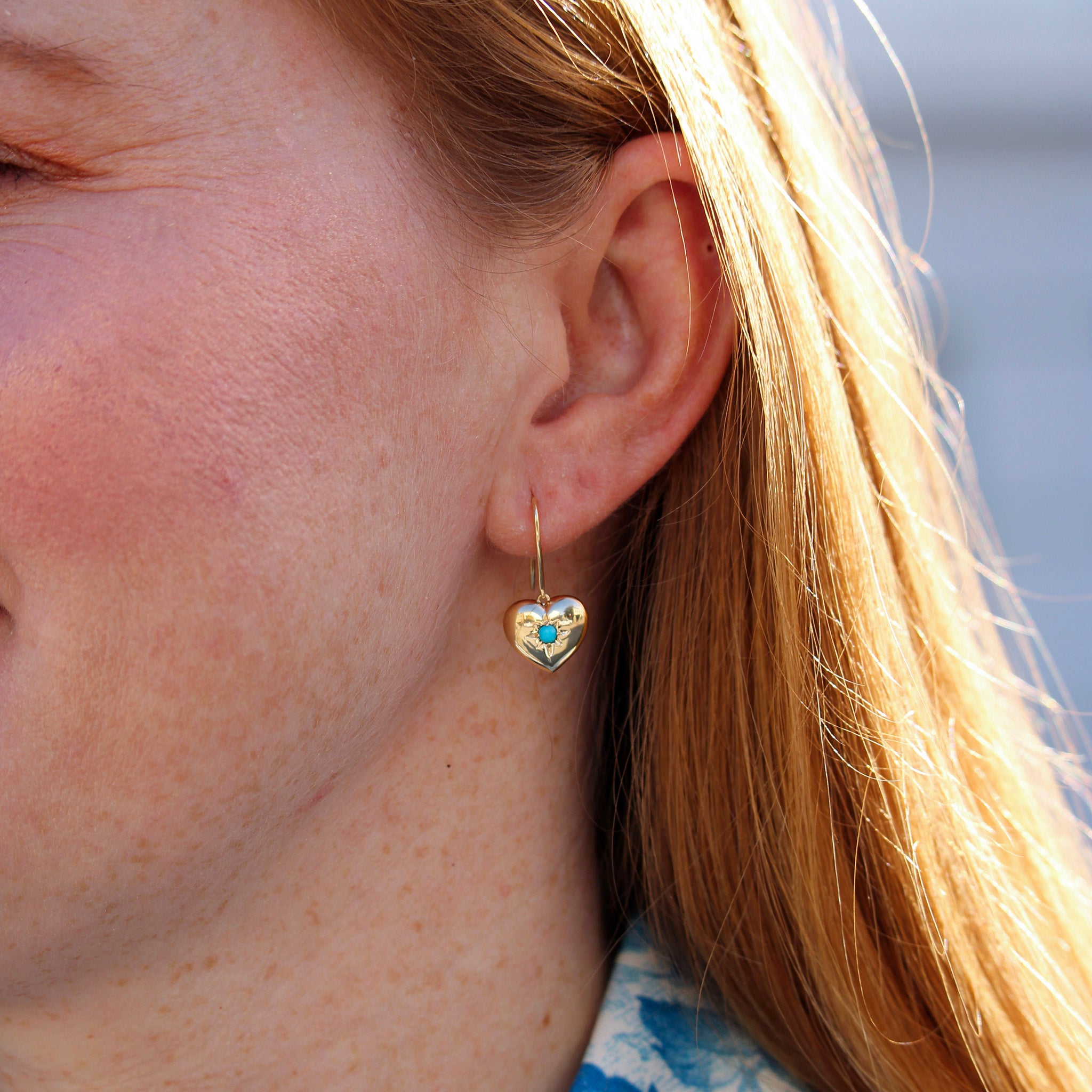 Turquoise 14K Yellow Gold Heart Drop Earrings