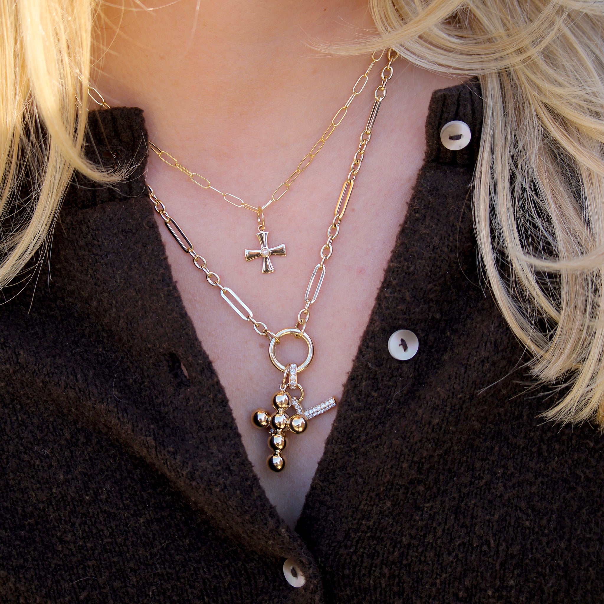 Pearl 14K Yellow Gold Birthstone Cross Pendant, 14K Yellow Gold Large Bead Cross Pendant