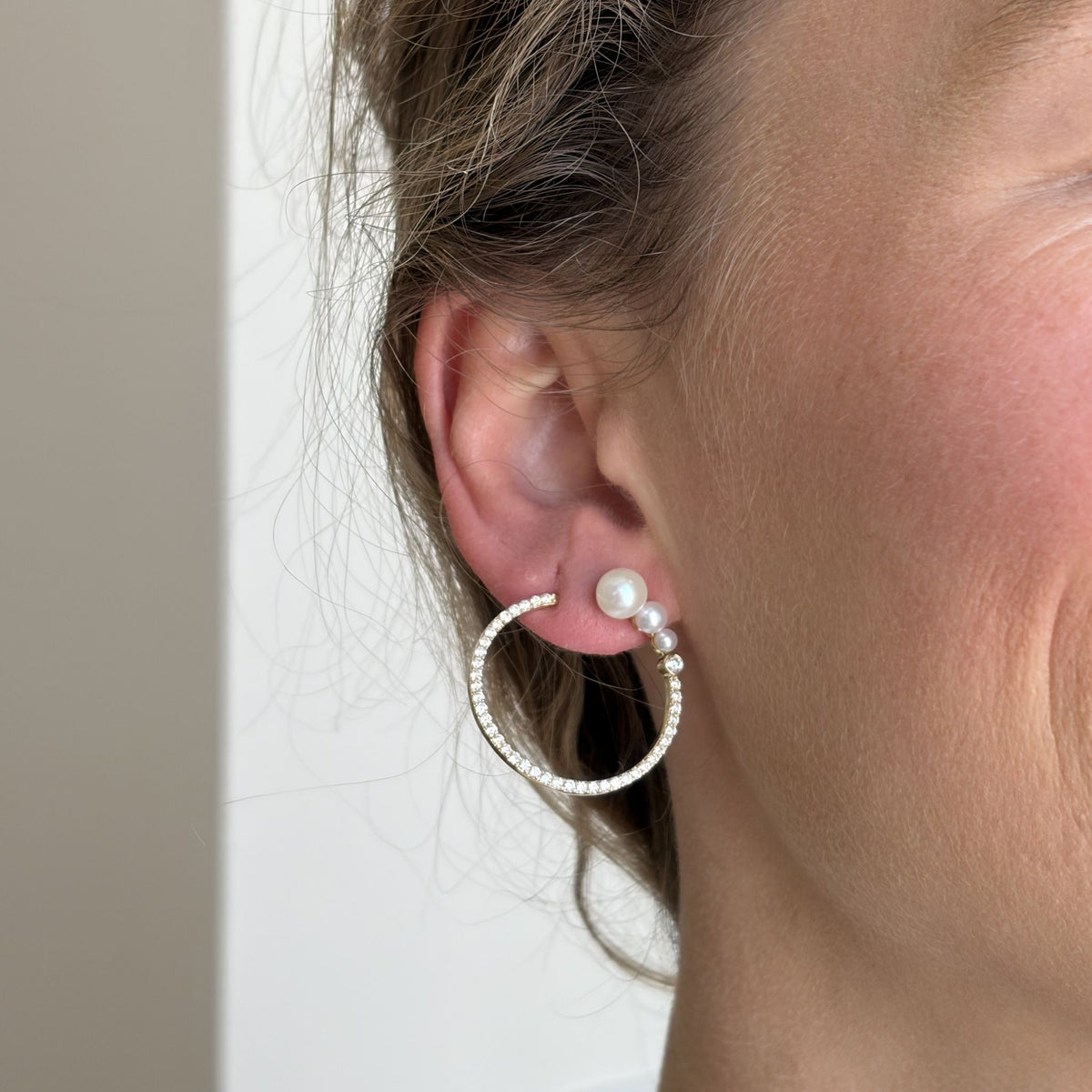 Pearl & Diamond Pavé 14K Yellow Gold Open Hoop Earrings