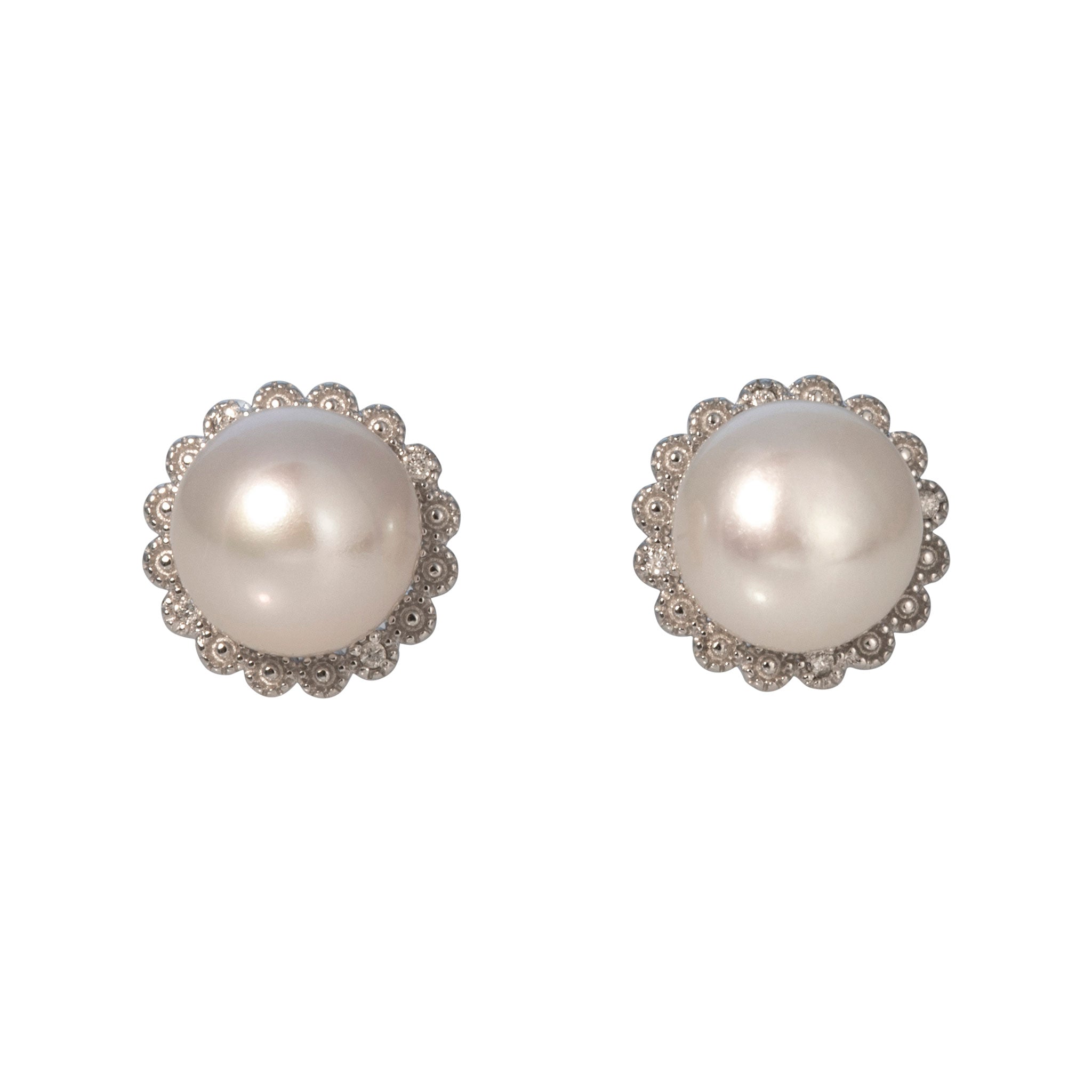 Freshwater Pearl & Diamond Sterling Silver Stud Earrings