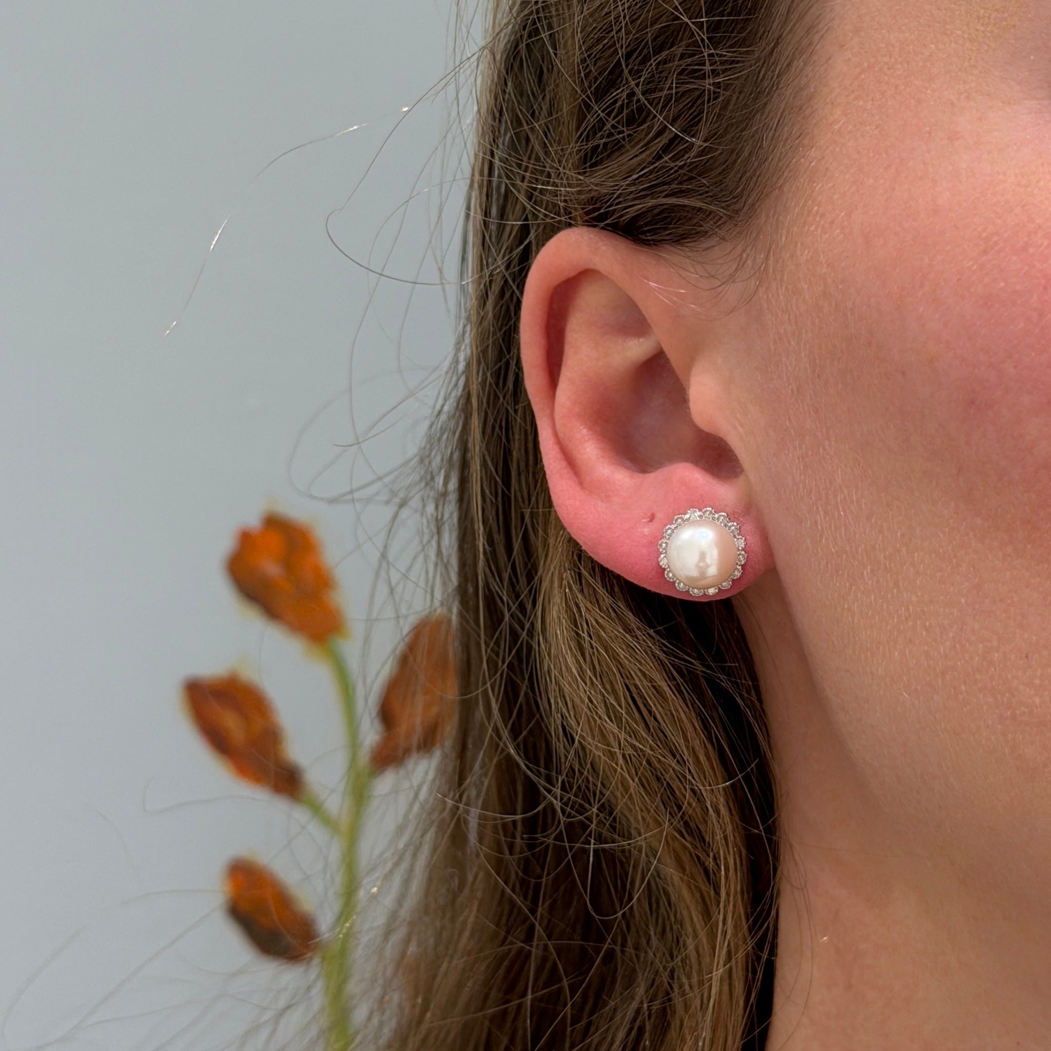 Freshwater Pearl & Diamond Sterling Silver Stud Earrings