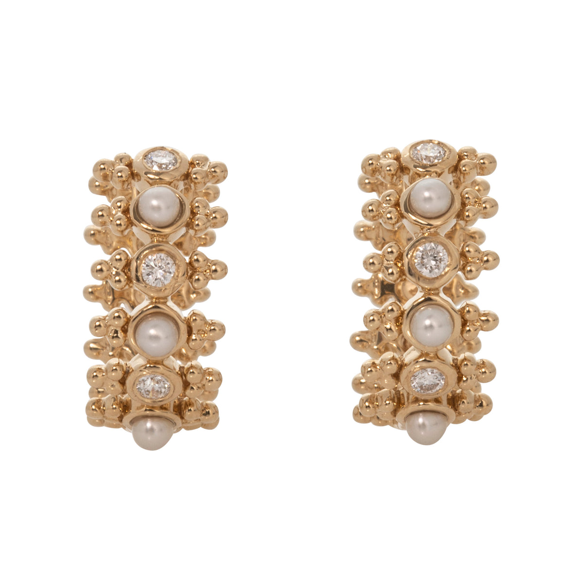 Diamond & Pearl 14K Yellow Gold Granulated Huggie Earrings