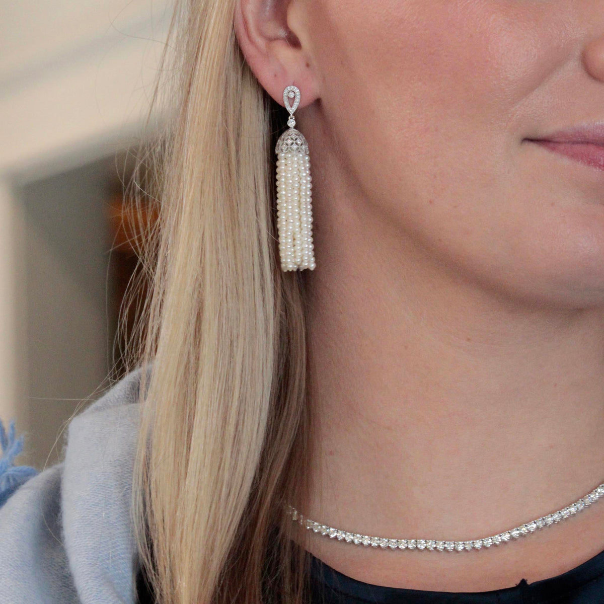 Diamond & Freshwater Pearl Tassel 18K White Gold Earrings