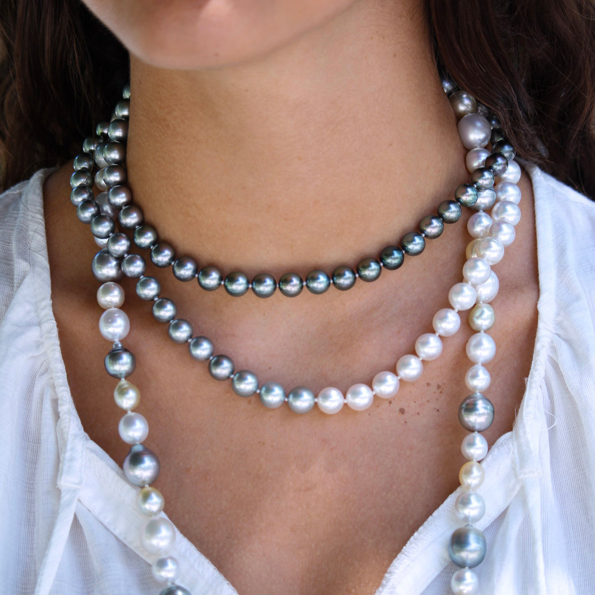 South Sea & Tahitian Ombré Pearl 14K White Gold Ball Clasp Necklace 34.5"