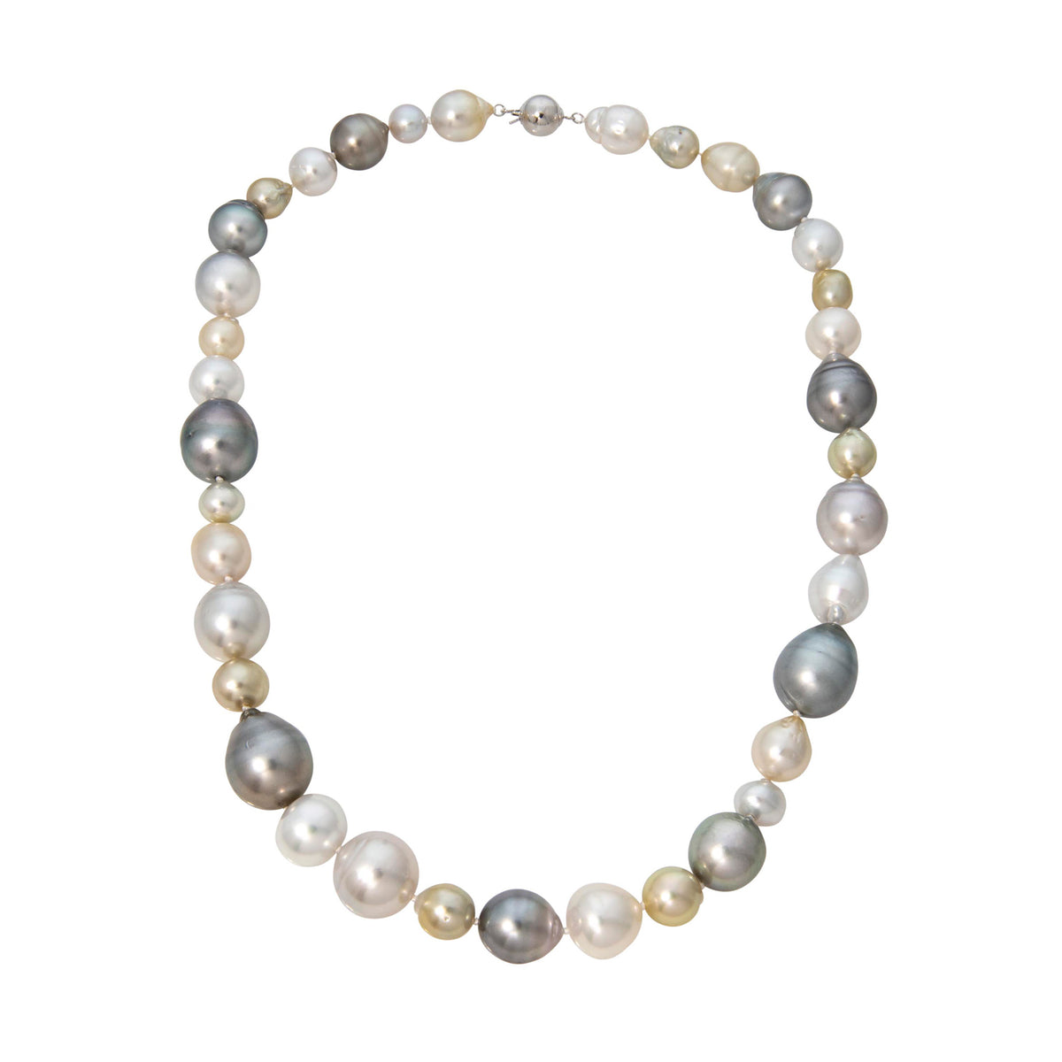 Multicolor South Sea Semi Baroque Pearl 14K Gold Ball Clasp Necklace 19.5"