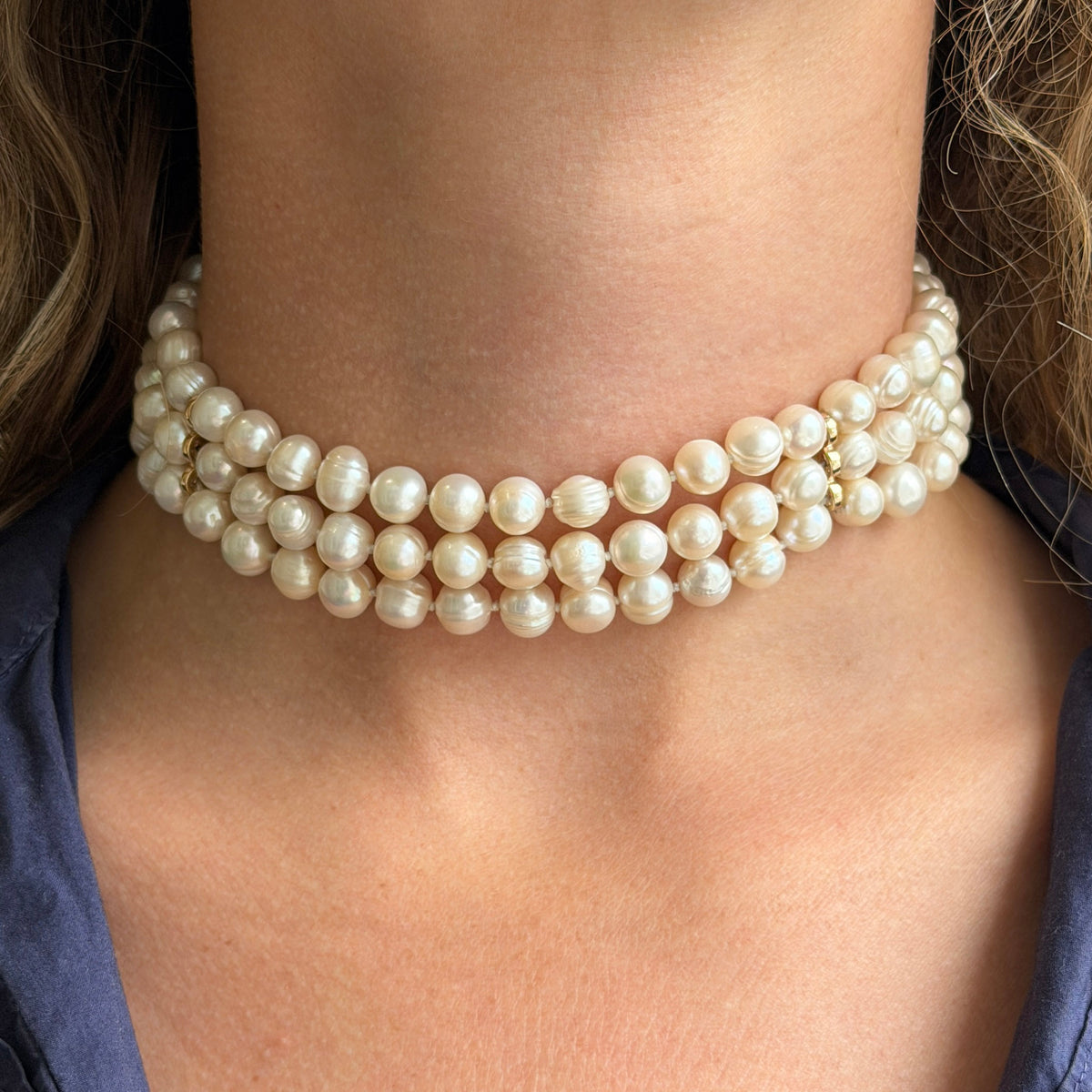 Freshwater Pearl 3-Strand 14K Gold Choker Necklace