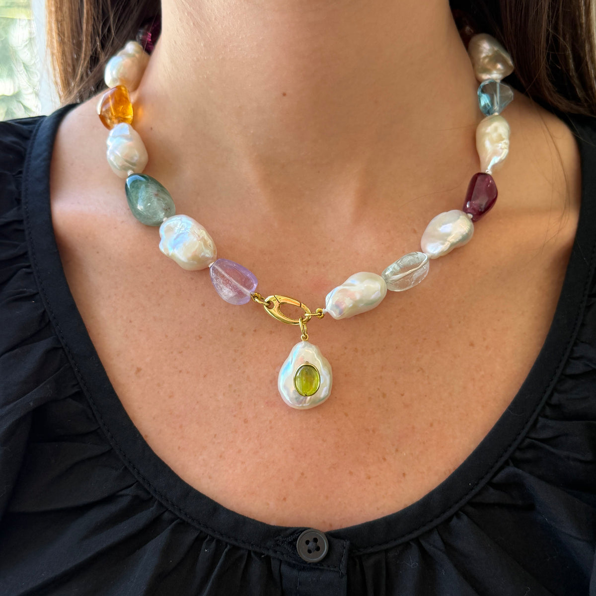 Mazza Freshwater Baroque Pearl & Multi-Stone 14K Gold Necklace 18", Mazza Peridot Cabochon & Baroque Coin Pearl 14K Gold Pendant