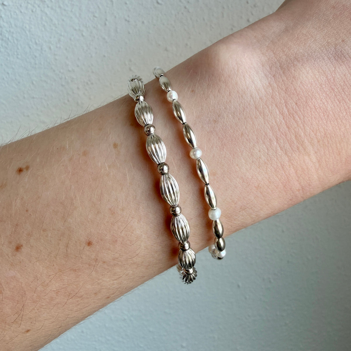 Silver-Plated Charleston Rice Bead Bracelet, Sterling Silver Charleston Rice Bead & Freshwater Pearl Bracelet