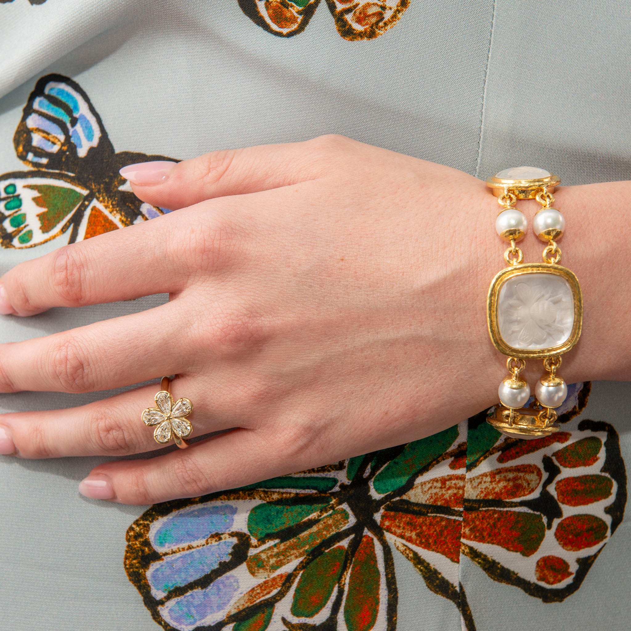 Elizabeth Locke Rock Crystal Intaglio & Pearl Bracelet, L’Amour Crisscut Pear Diamond Flower Ring