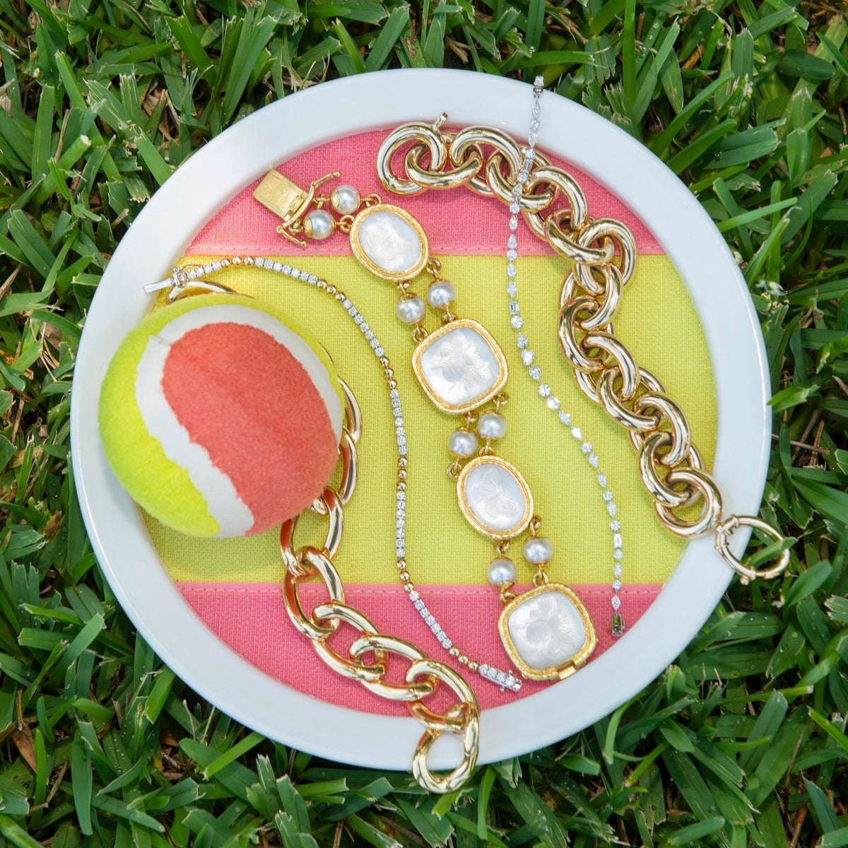 18K Yellow Gold Italian Twisted Oval Link Bracelet, Diamond Two Tone 14K Gold Triple Bead Tennis Bracelet, Elizabeth Locke Rock Crystal Intaglio & Pearl Bracelet, 3.5ctw Diamond Mixed-Cut 18K White Gold Bracelet
