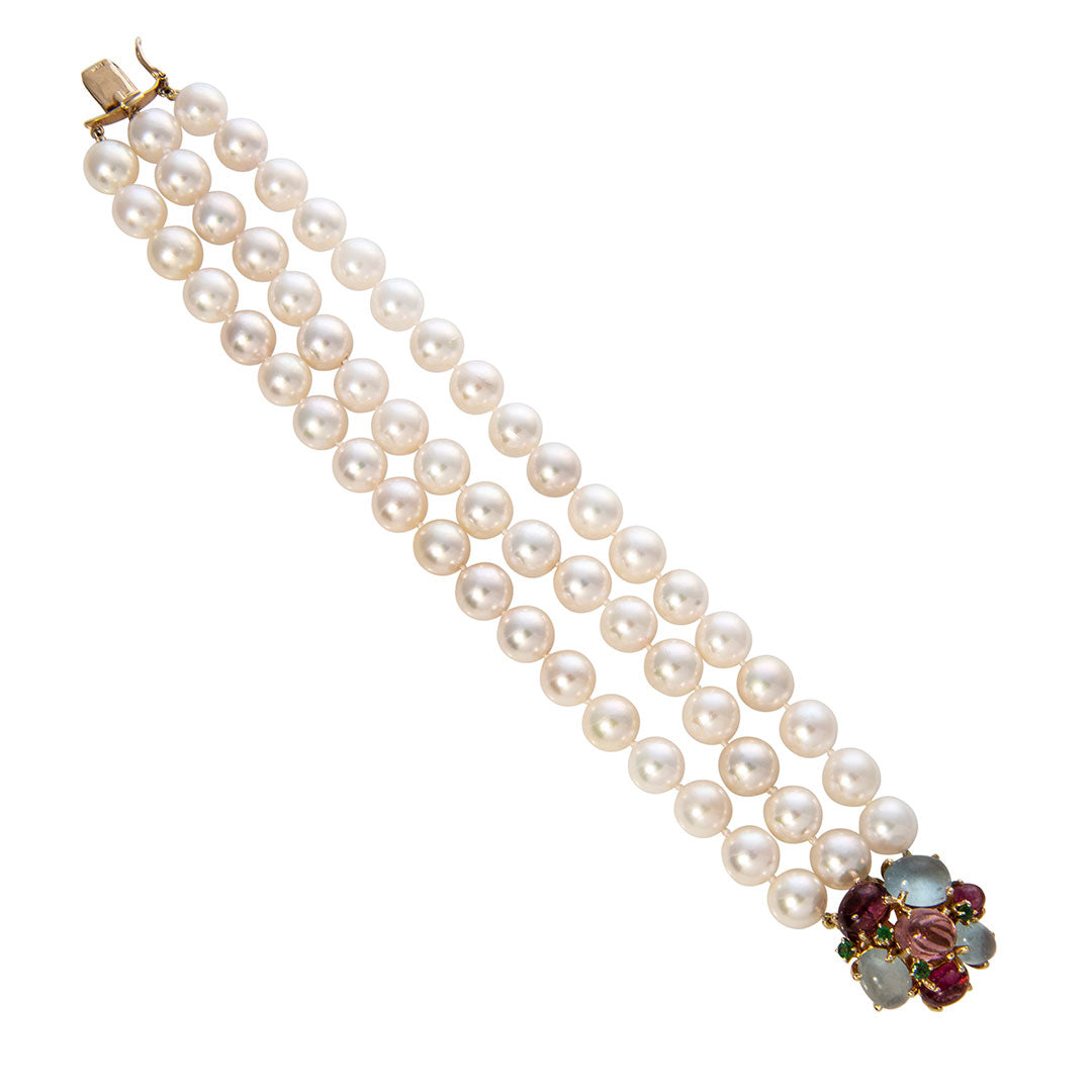 Three Strand Akoya Pearl & Multi Stone Clasp 14K Gold Bracelet