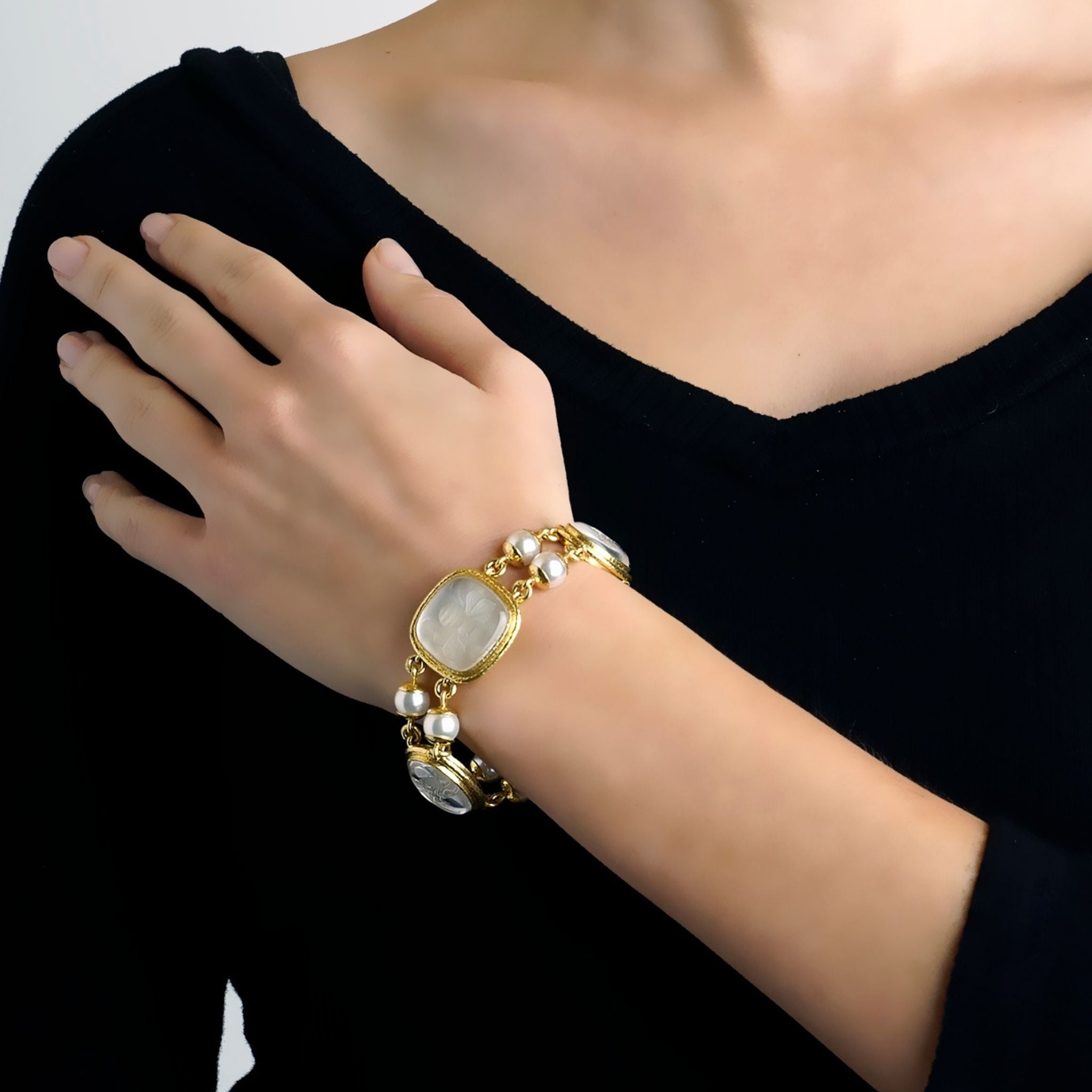 Elizabeth Locke “Moth” Rock Crystal Intaglio & Pearl Bracelet