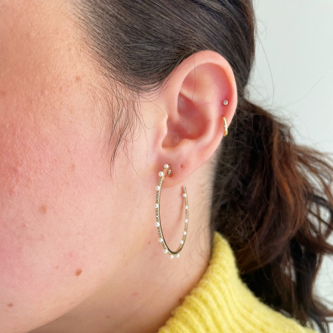 Pearl & Diamond Pavé 14K Gold Open Hoop Earrings
