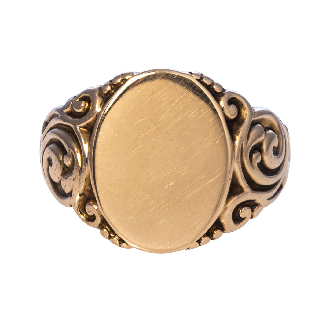 Victorian 14K Gold Oval Signet Scroll Repoussé Ring
