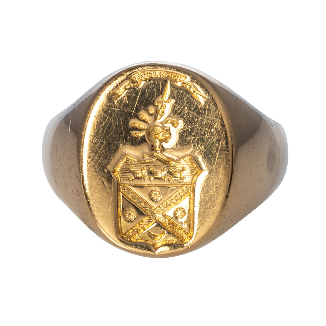 Estate 18K Yellow Gold Engraved Crest Signet Ring