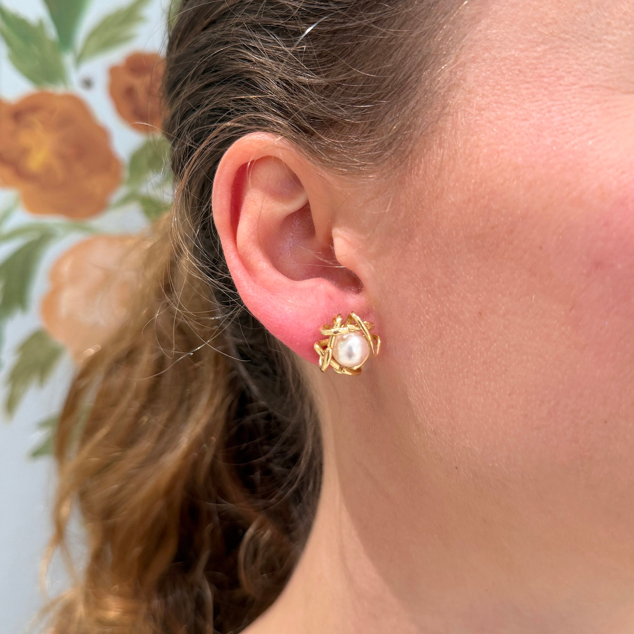 Estate Pearl 14K Yellow Gold Basket Stud Earrings