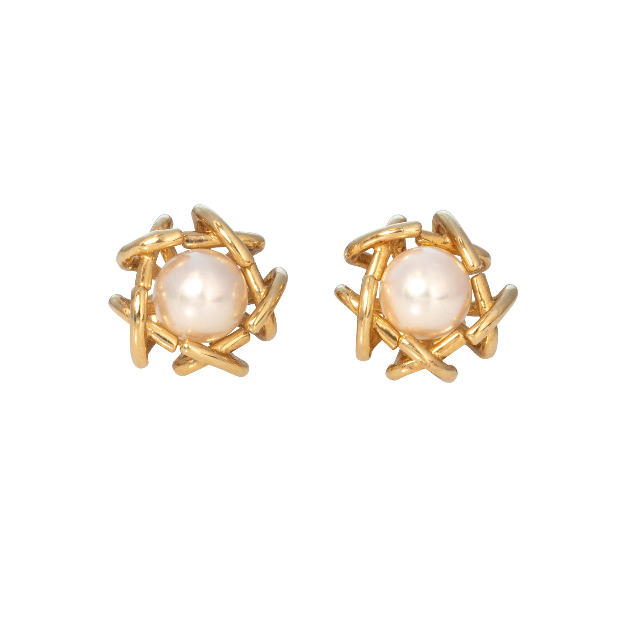 Estate Pearl 14K Yellow Gold Basket Stud Earrings