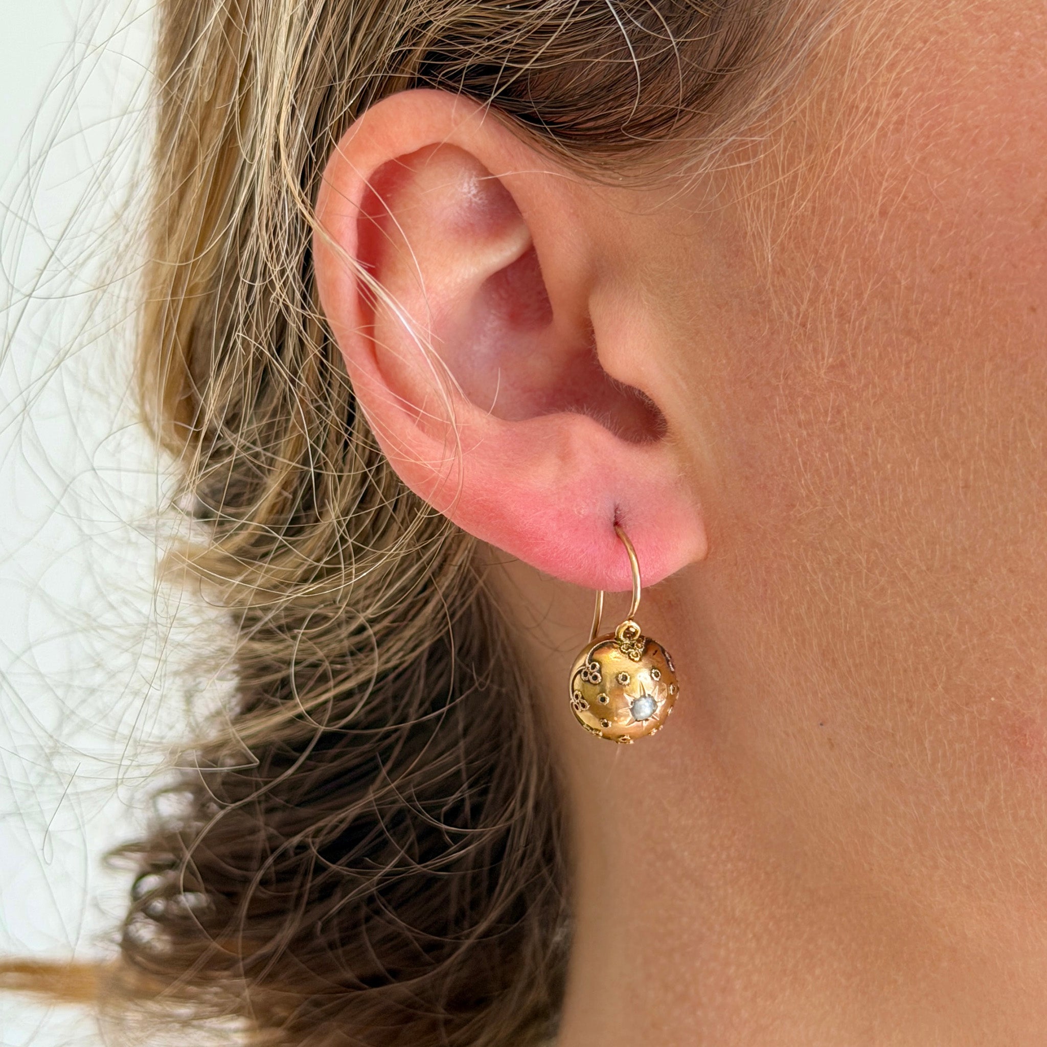 Victorian Etruscan Revival Style Seed Pearl 14K Gold Ball Earrings