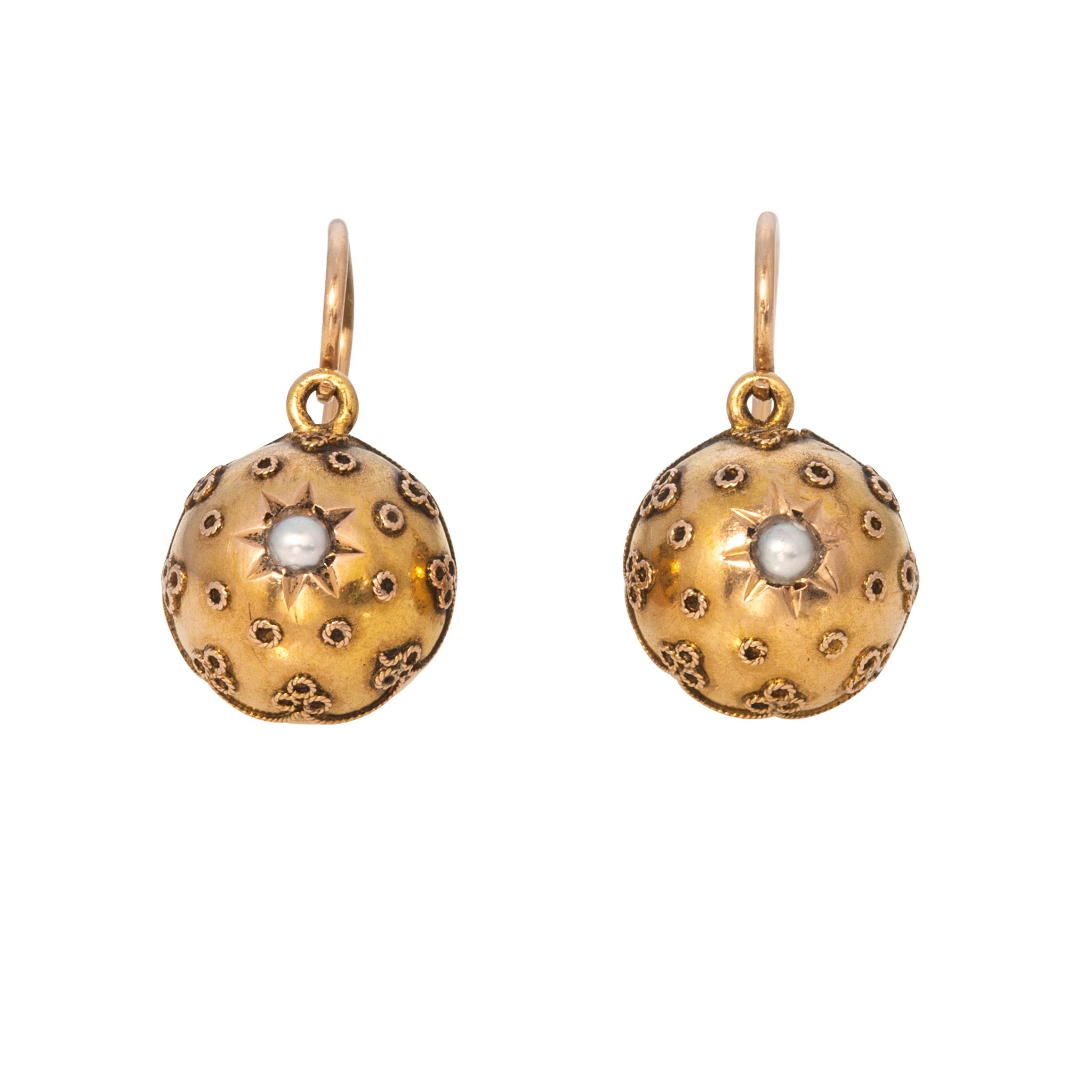 Victorian Etruscan Revival Style Seed Pearl 14K Gold Ball Earrings