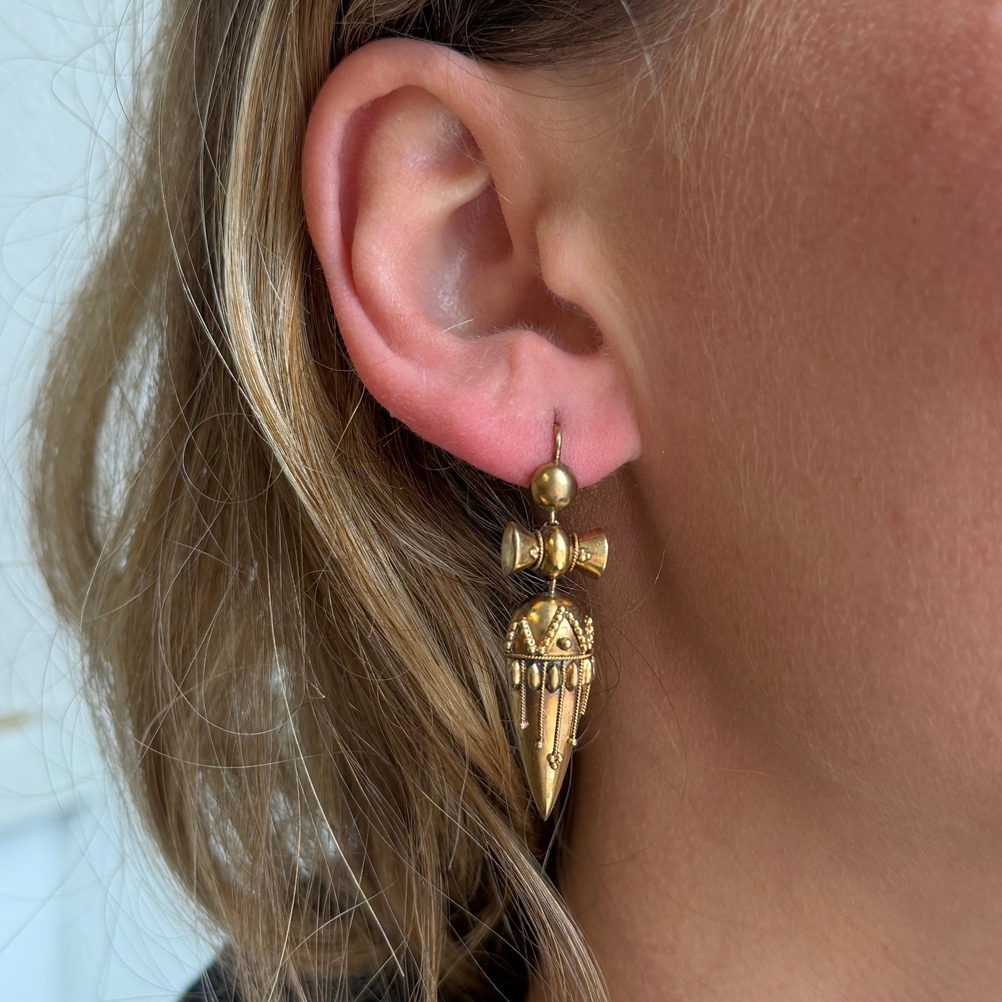 Victorian Etruscan Revival Style 14K Gold Drop Earrings