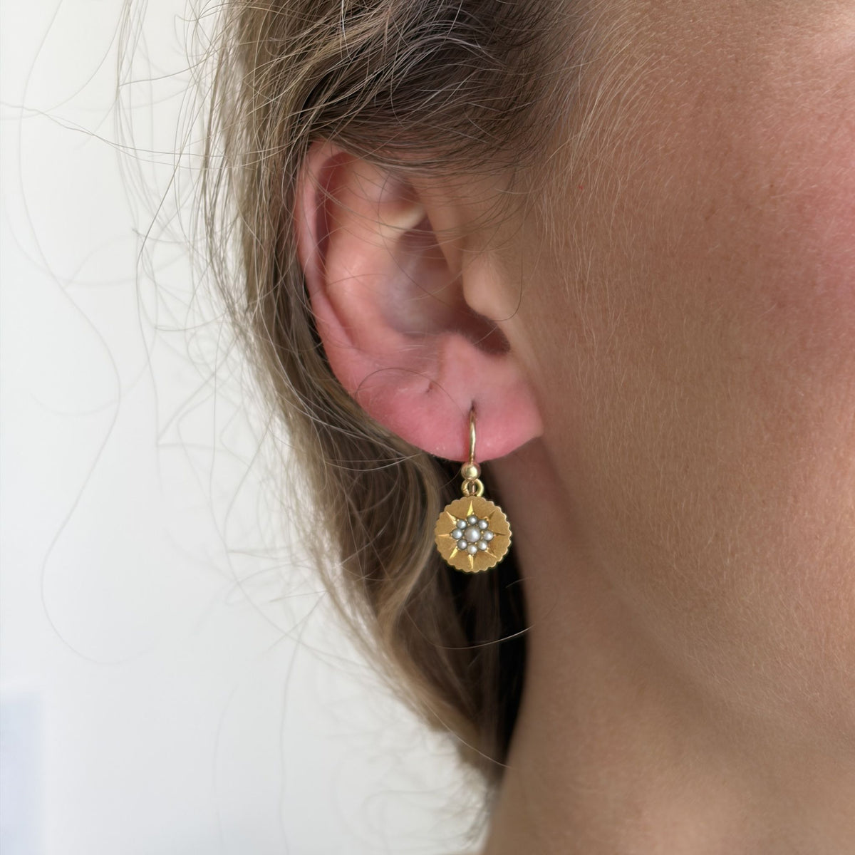 Victorian Seed Pearl Floral Cluster 9K Gold Drop Earrings