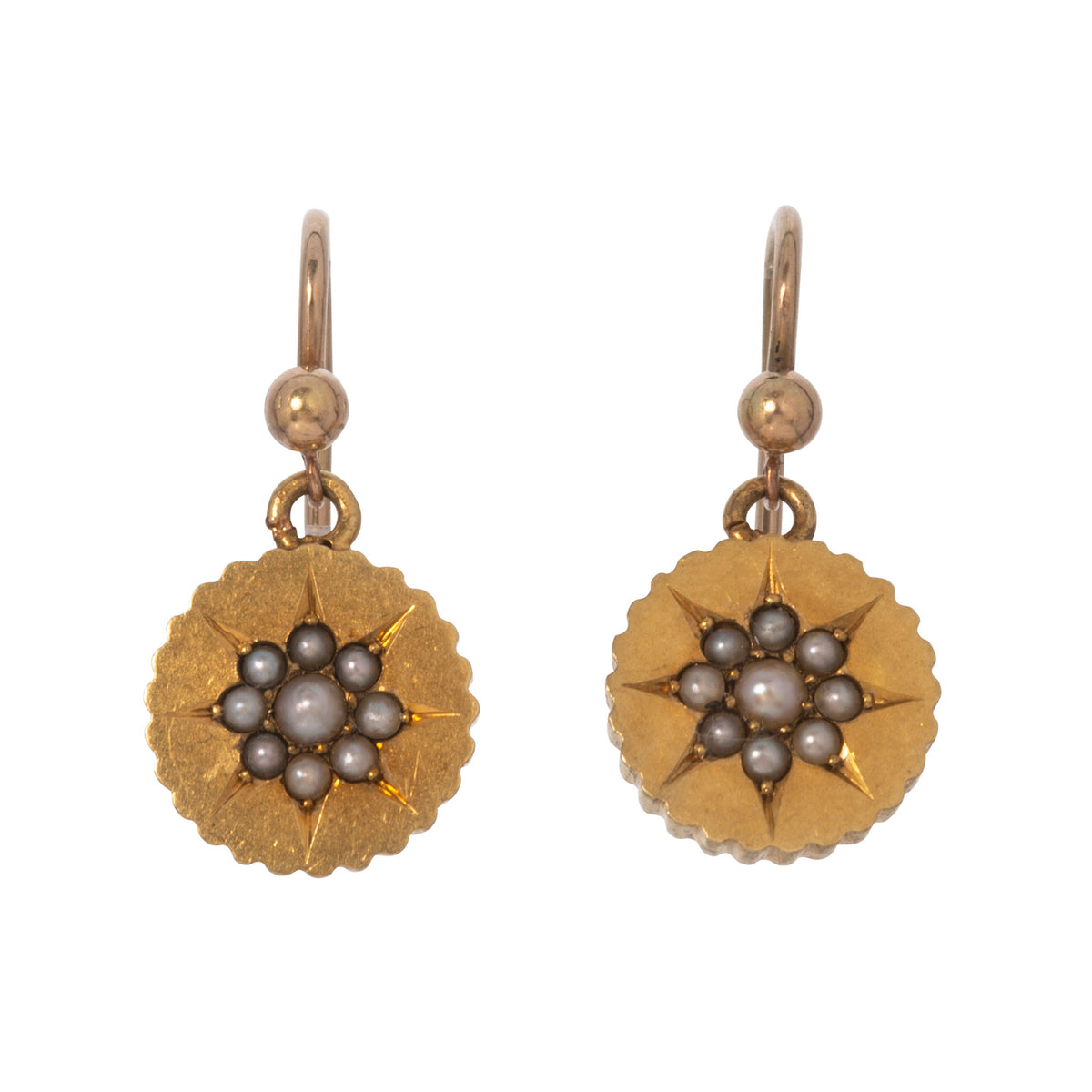 Victorian Seed Pearl Floral Cluster 9K Gold Drop Earrings